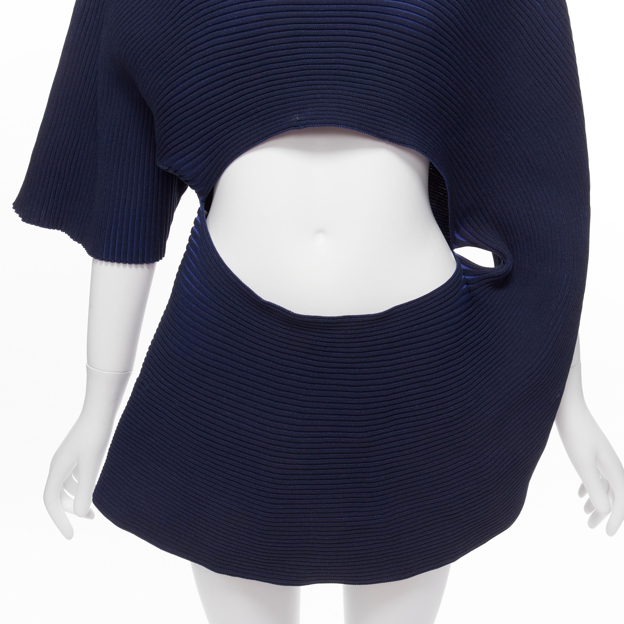 ISSEY MIYAKE 2022 dark blue ribbed knit 3D circle midriff cutout drape top JP2 M 3