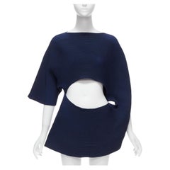 ISSEY MIYAKE 2022 dark blue ribbed knit 3D circle midriff cutout drape top JP2 M