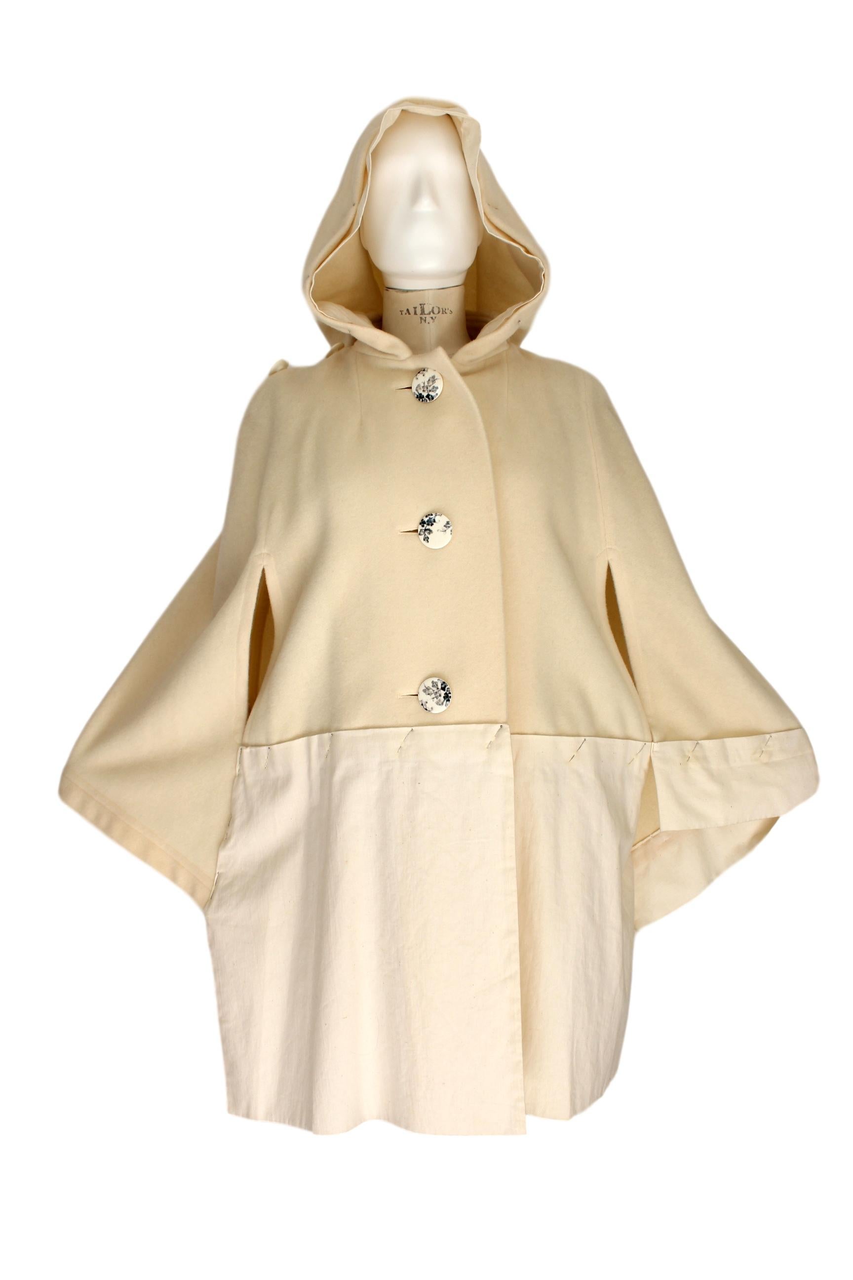 Women's Issey Miyake Beige Wool Nylon Hood Cape Coat Batwing 1990s Dressmaker Needles For Sale