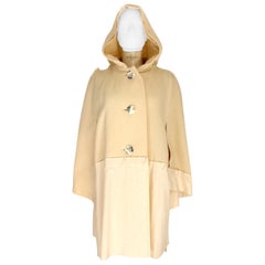 Retro Issey Miyake Beige Wool Nylon Hood Cape Coat Batwing 1990s Dressmaker Needles