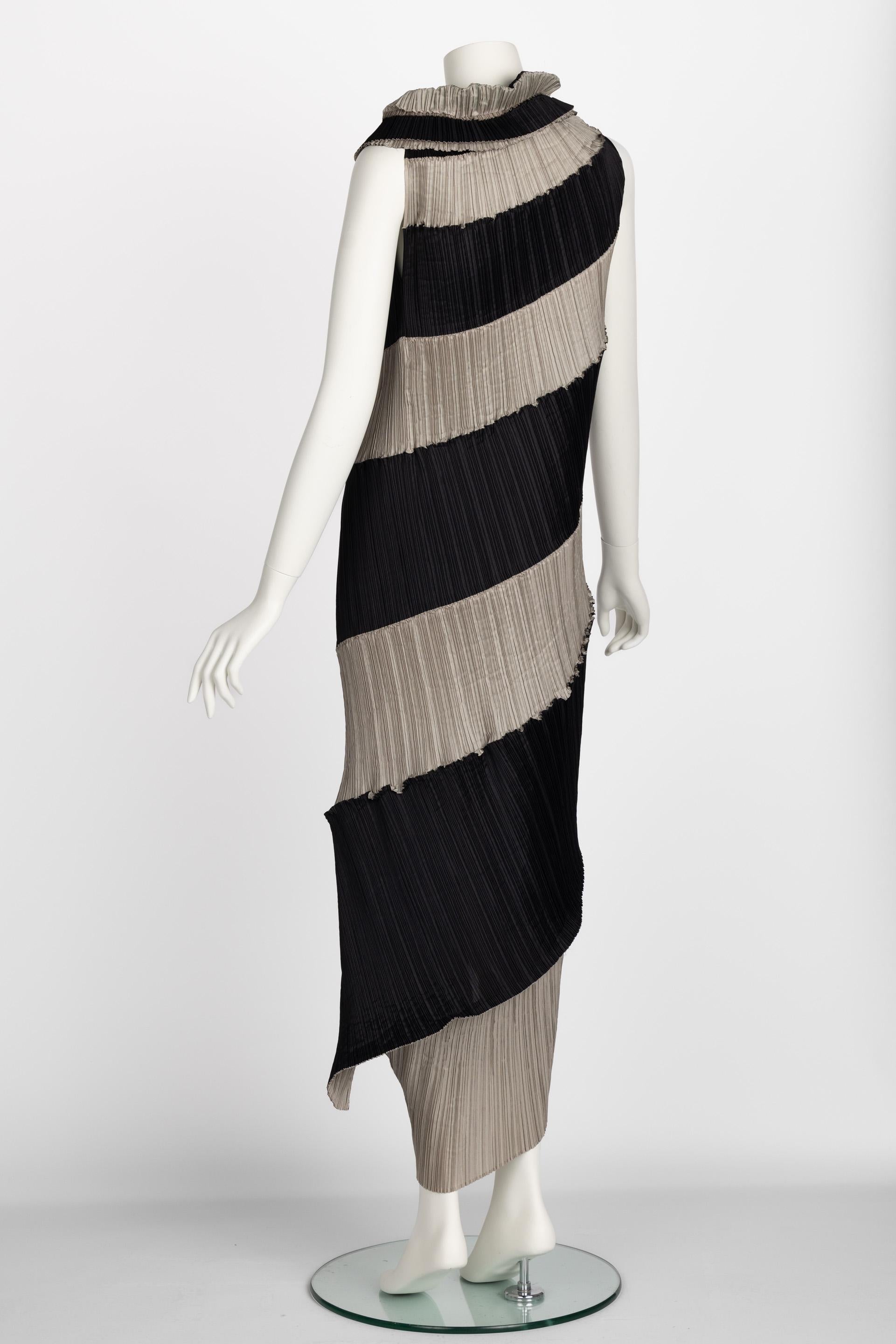 Issey Miyake Black & Beige Striped Plisse Spiral Nautilus Dress, 1990s 3