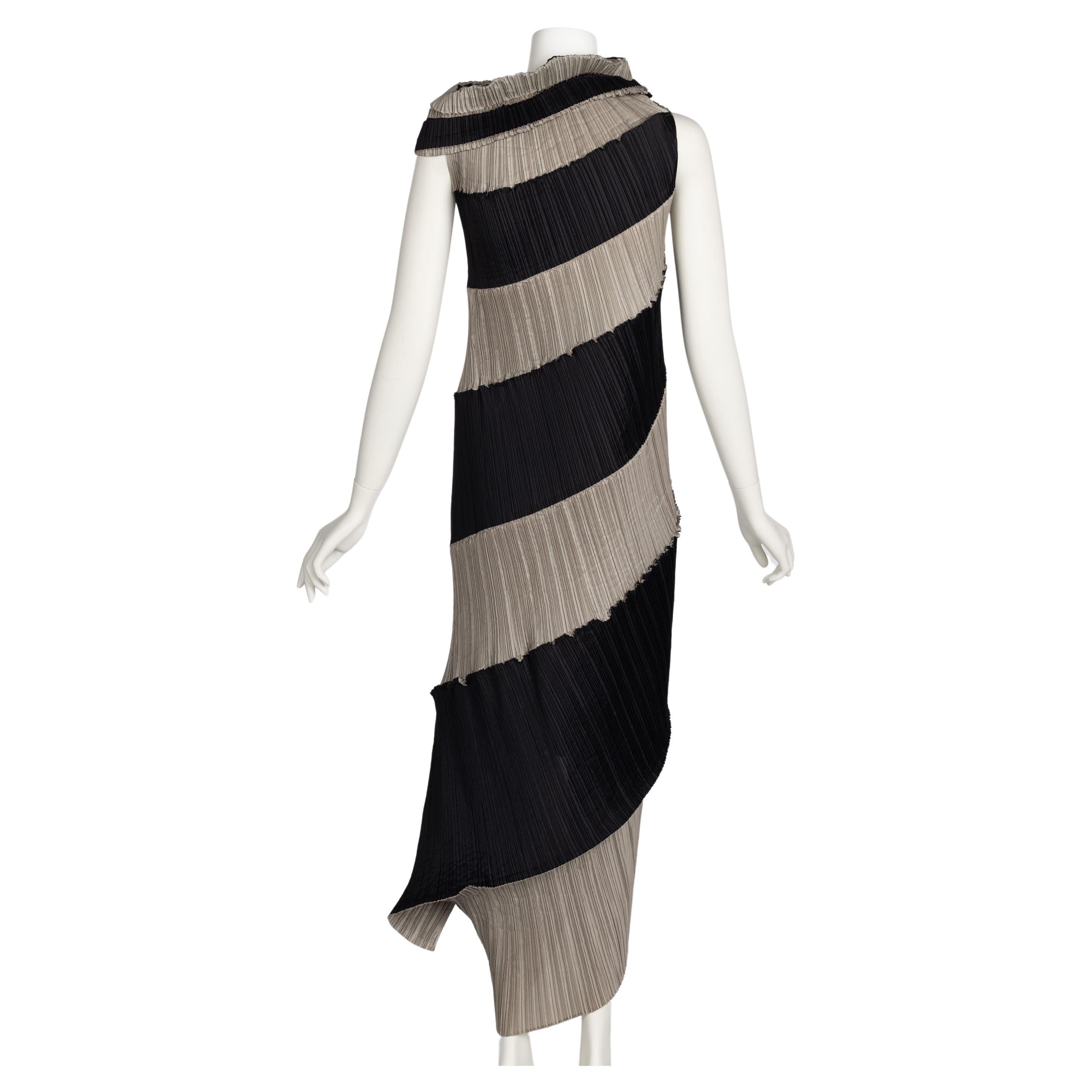 Issey Miyake Black & Beige Striped Plisse Spiral Nautilus Dress, 1990s 4