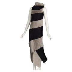 Issey Miyake Black & Beige Striped Plisse Spiral Nautilus Dress, 1990s