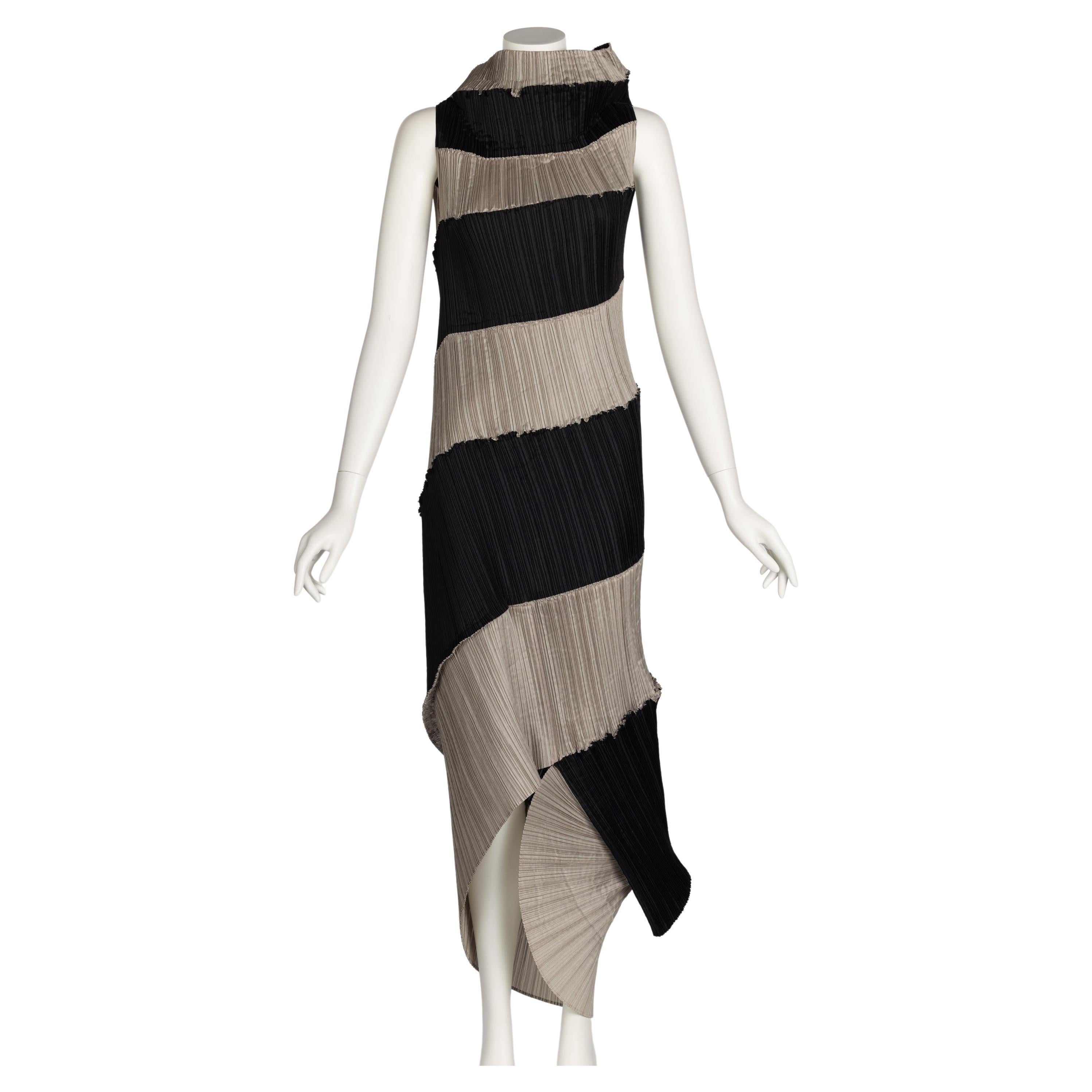 Gray Issey Miyake Black & Beige Striped Plisse Spiral Nautilus Dress, 1990s