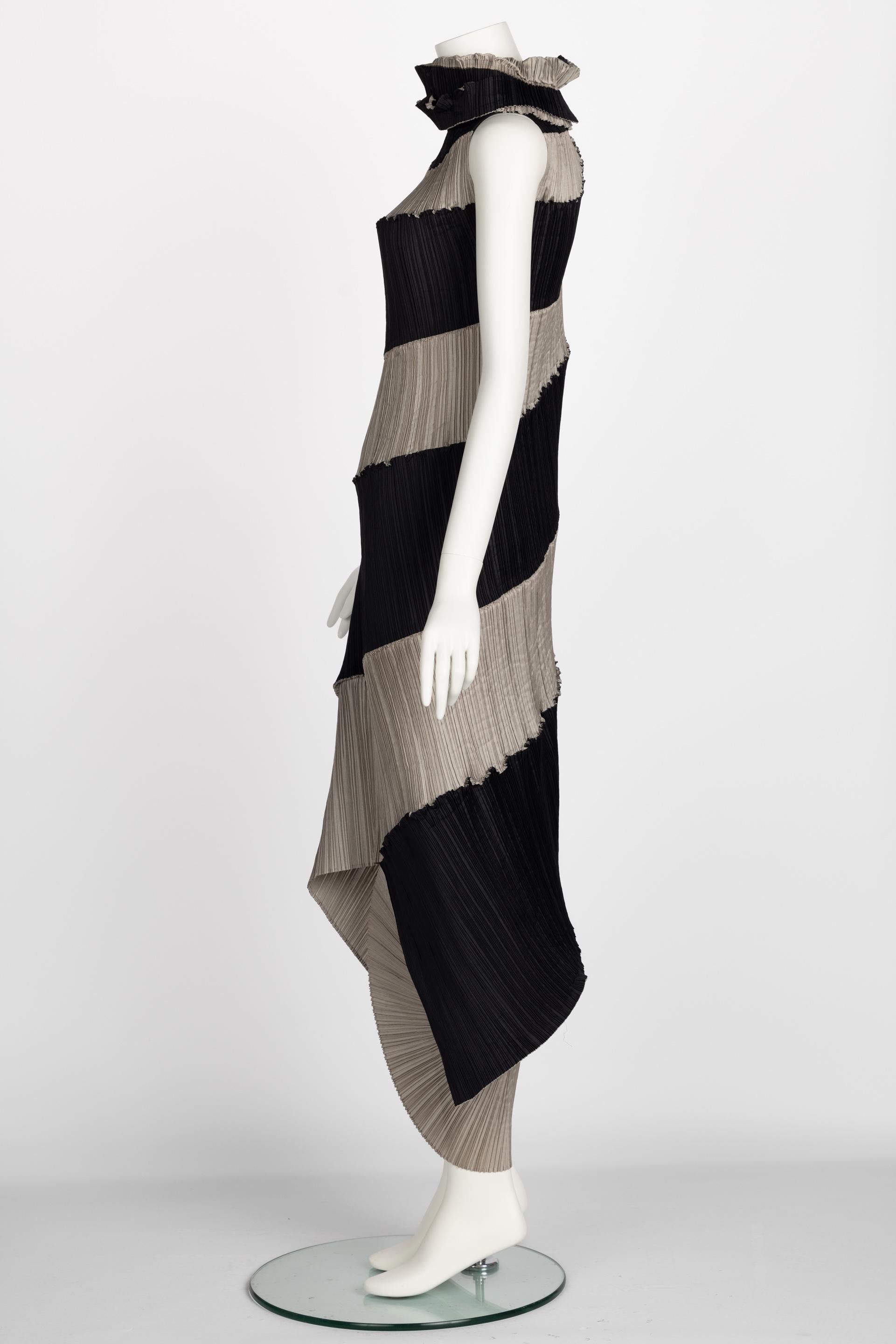 Women's Issey Miyake Black & Beige Striped Plisse Spiral Nautilus Dress, 1990s