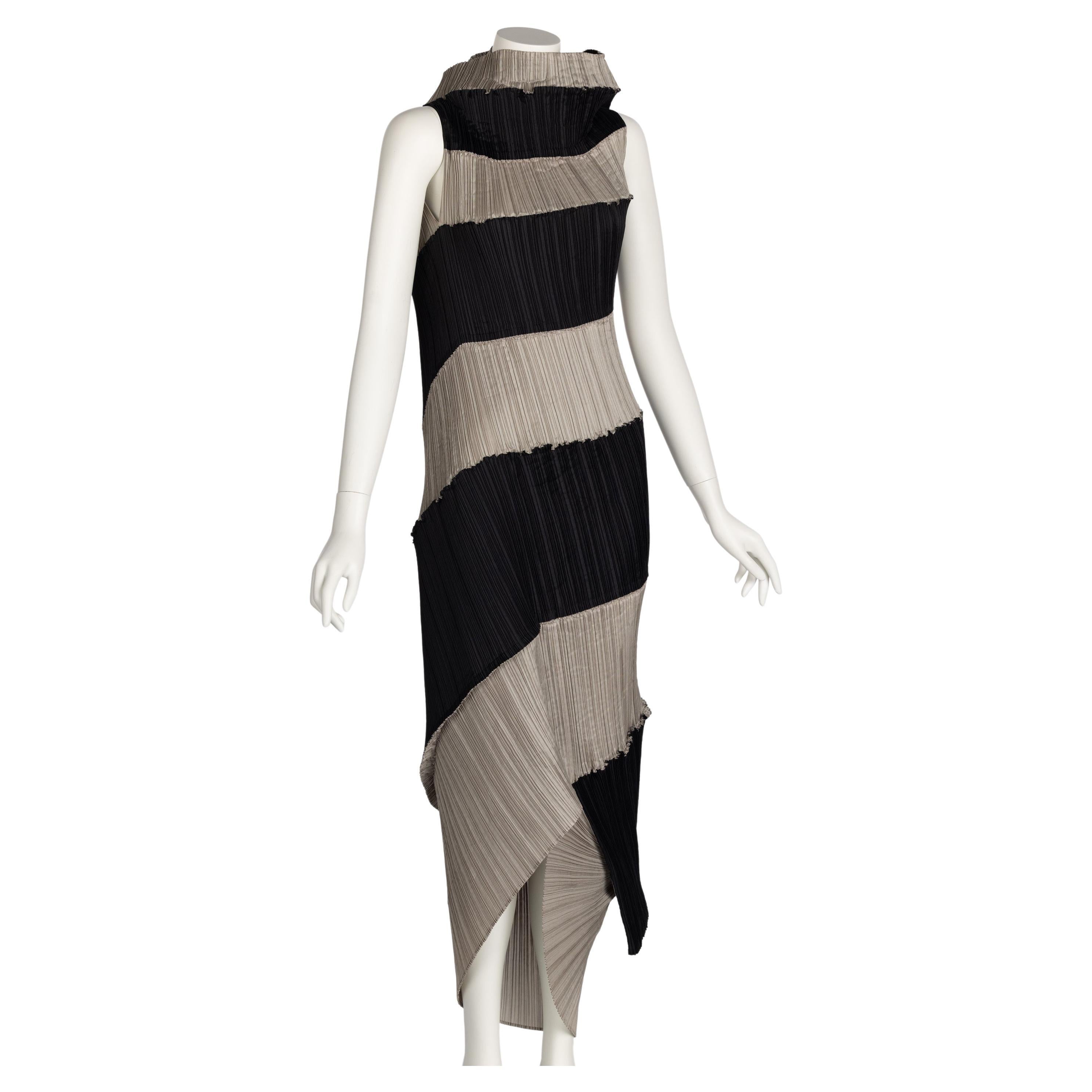 Issey Miyake Black & Beige Striped Plisse Spiral Nautilus Dress, 1990s