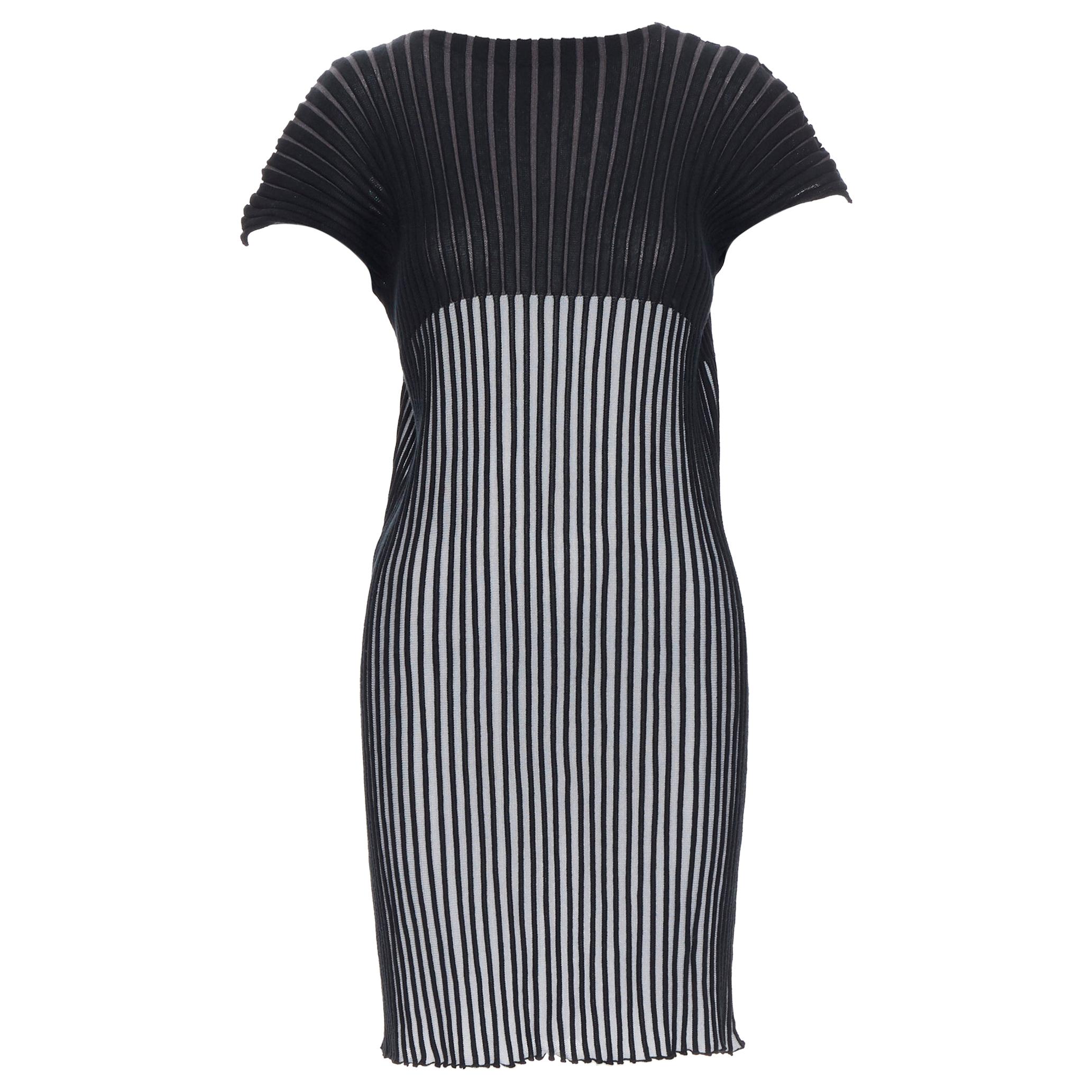 ISSEY MIYAKE black grey ribbed knitted cap sleeve stretch mini dress JP2