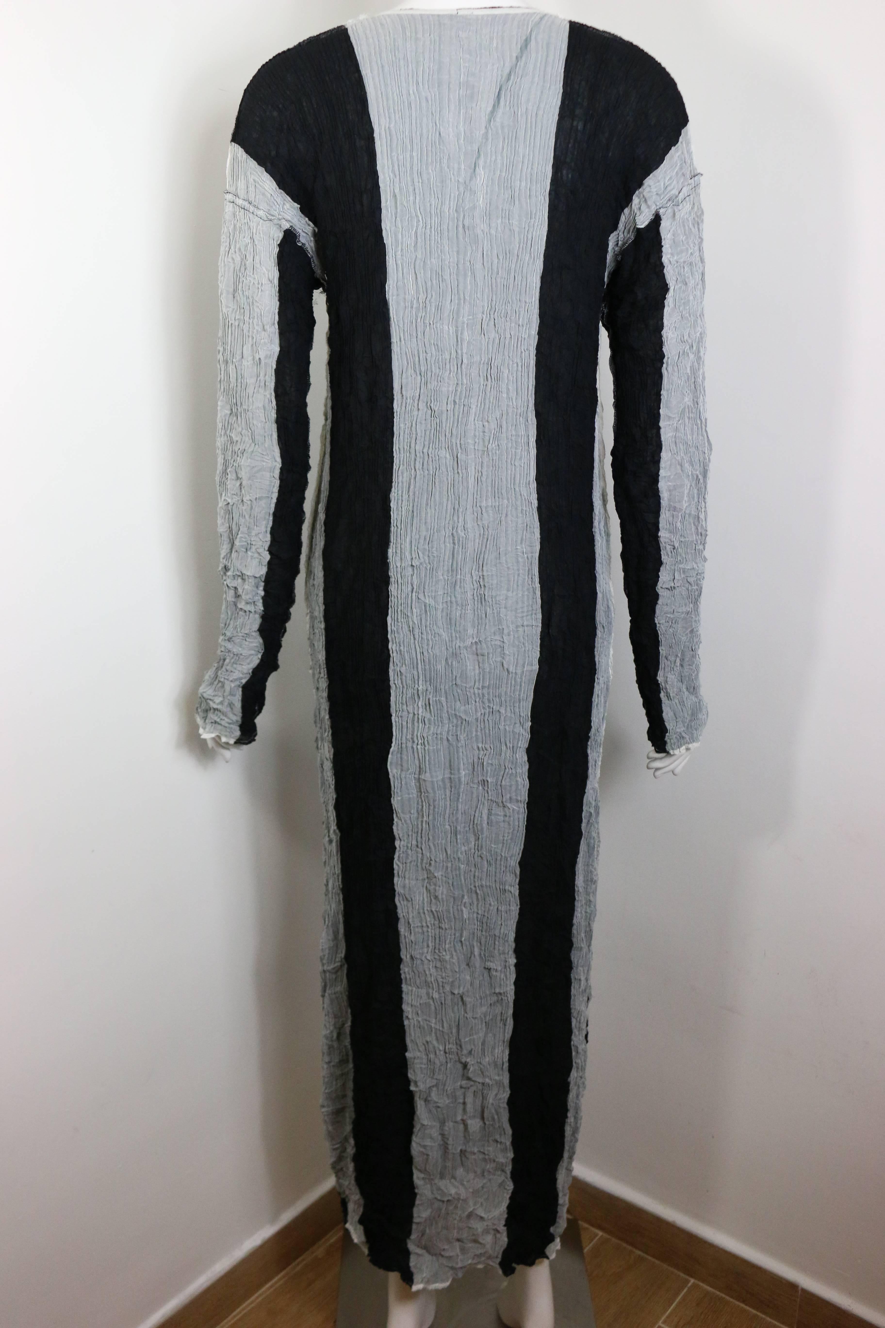 Women's Issey Miyake Black/Grey Striped Pleated Long Dress For Sale