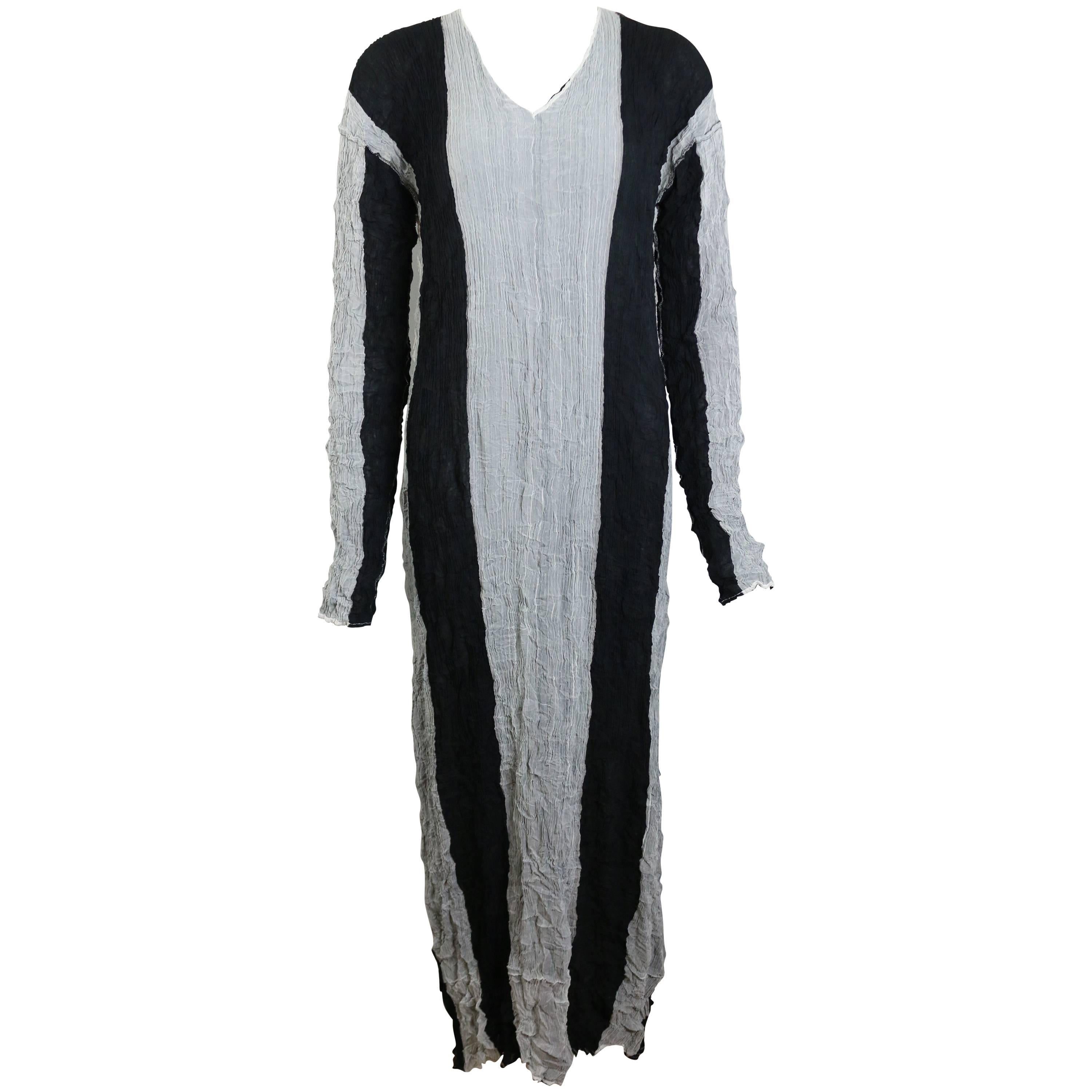 Issey Miyake Black/Grey Striped Pleated Long Dress For Sale