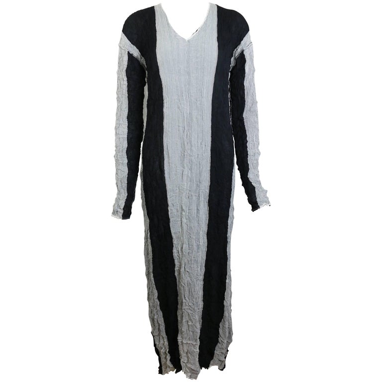 Issey Miyake Black/Grey Striped Pleated Long Dress For Sale at 1stDibs