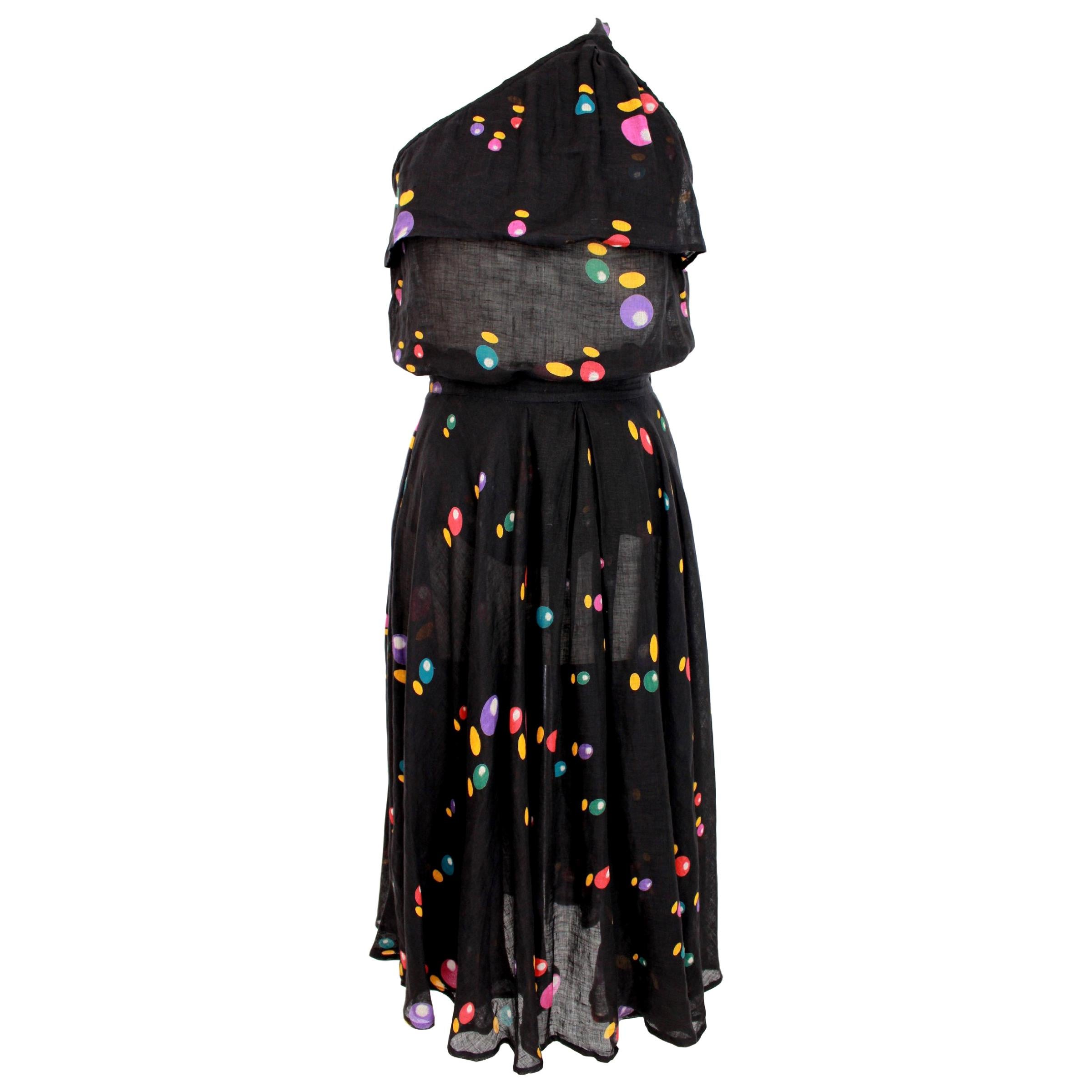 Issey Miyake Black Linen Polka Dot Two Piece Skirt Blouse Dress Twin Set 1980s