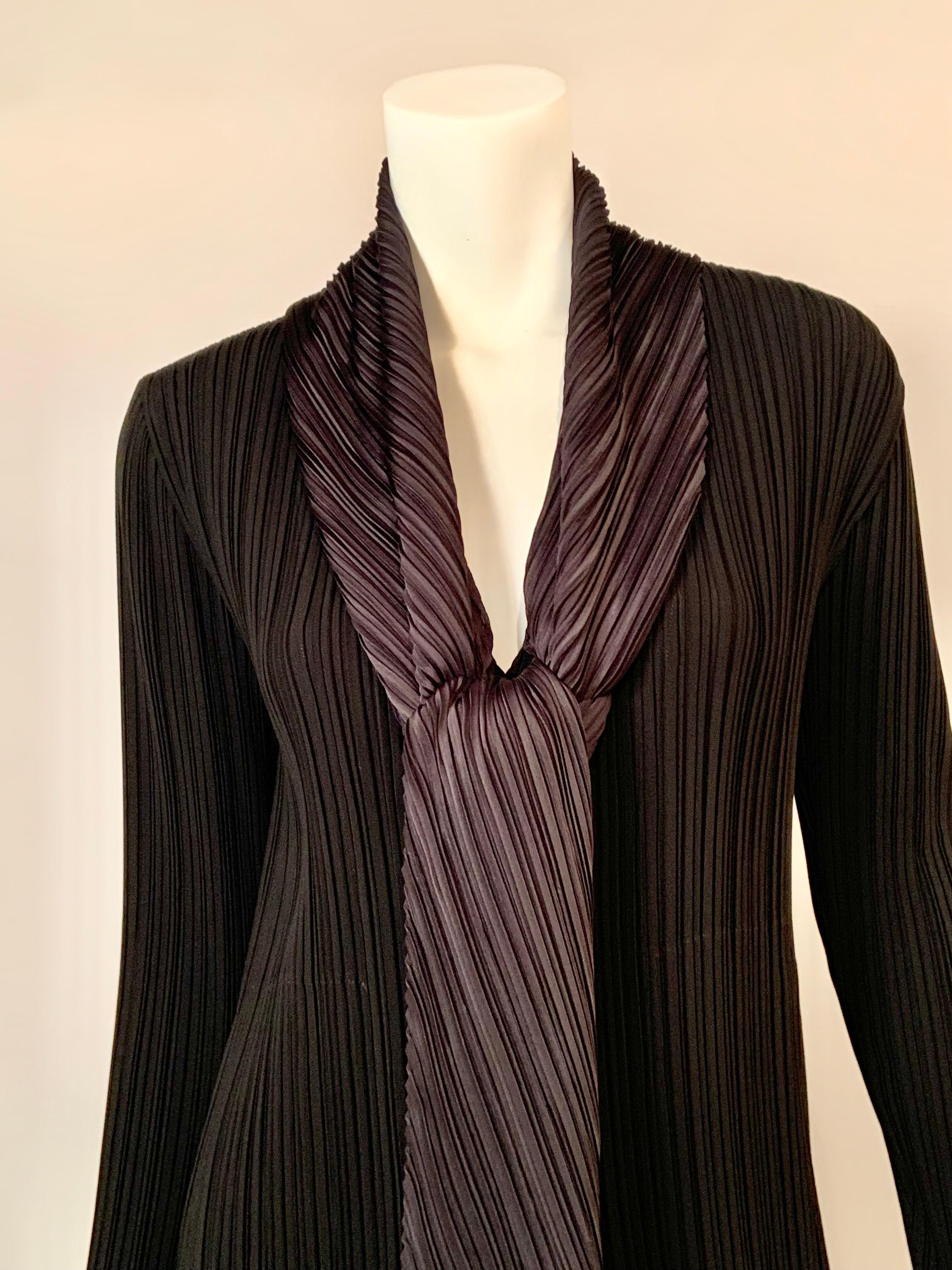 Issey Miyake Black Pleated Coat with Charcoal Grey Scarf In Excellent Condition For Sale In New Hope, PA