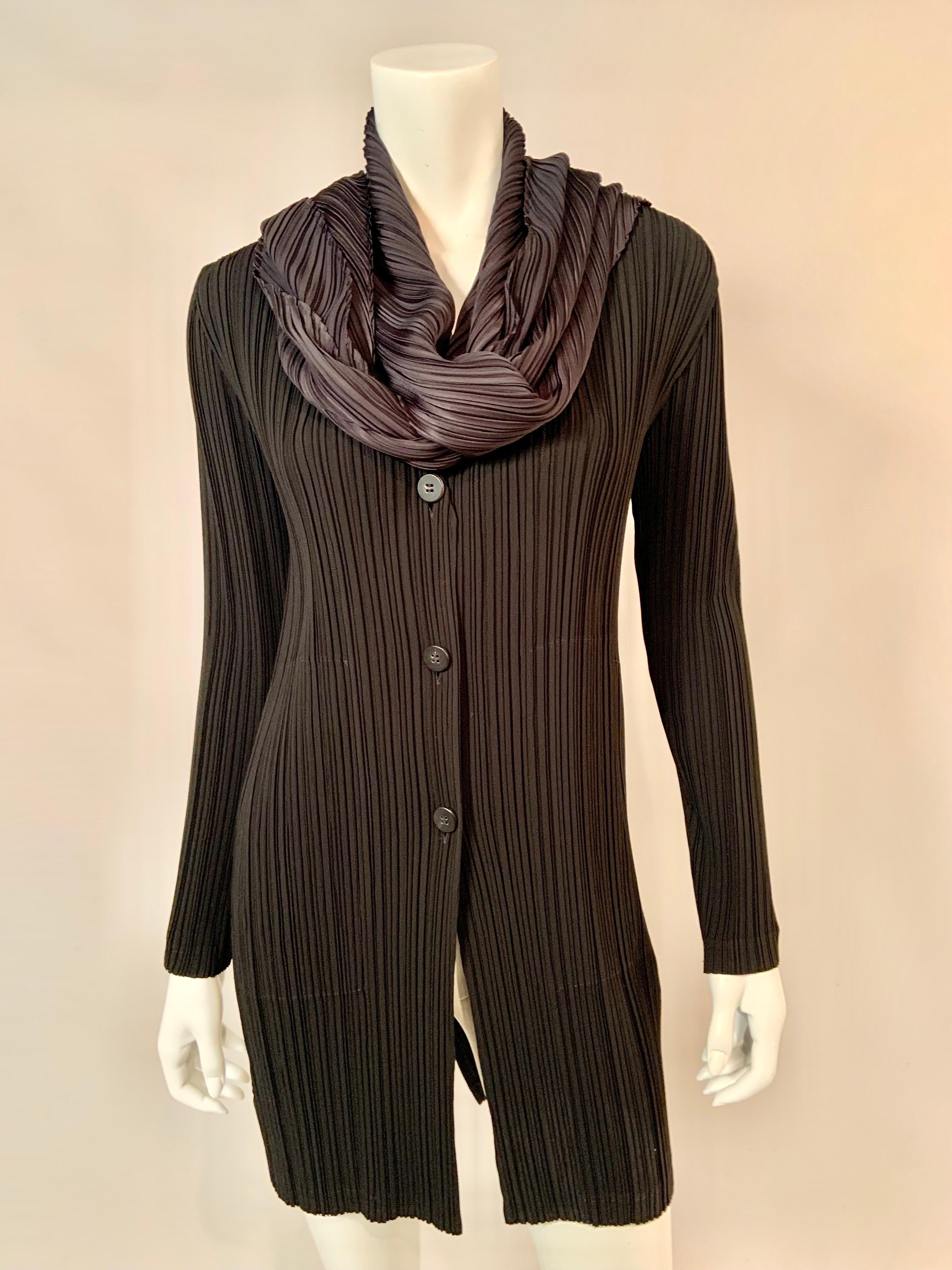 Women's Issey Miyake Black Pleated Coat with Charcoal Grey Scarf For Sale
