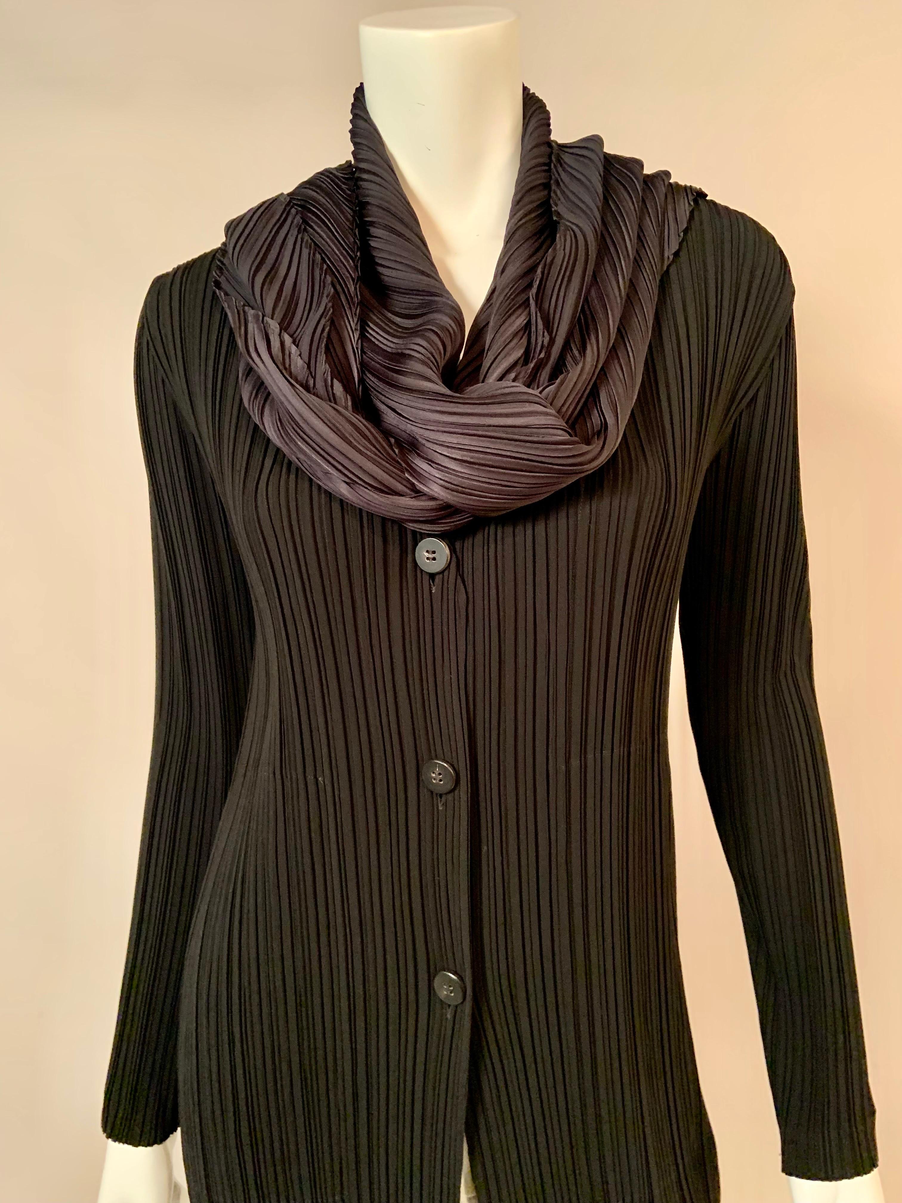 Issey Miyake Black Pleated Coat with Charcoal Grey Scarf For Sale 1
