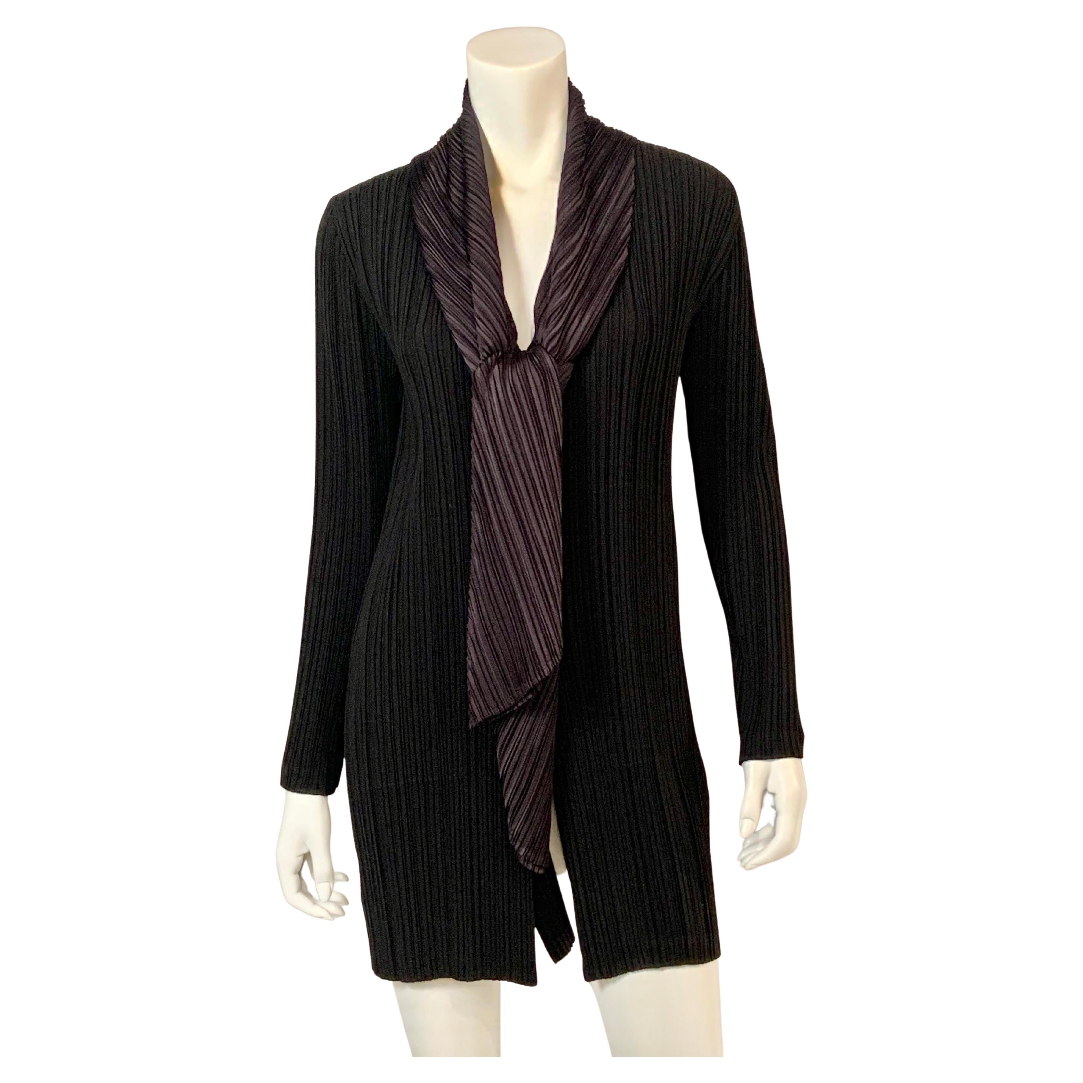 Issey Miyake Black Pleated Coat with Charcoal Grey Scarf For Sale