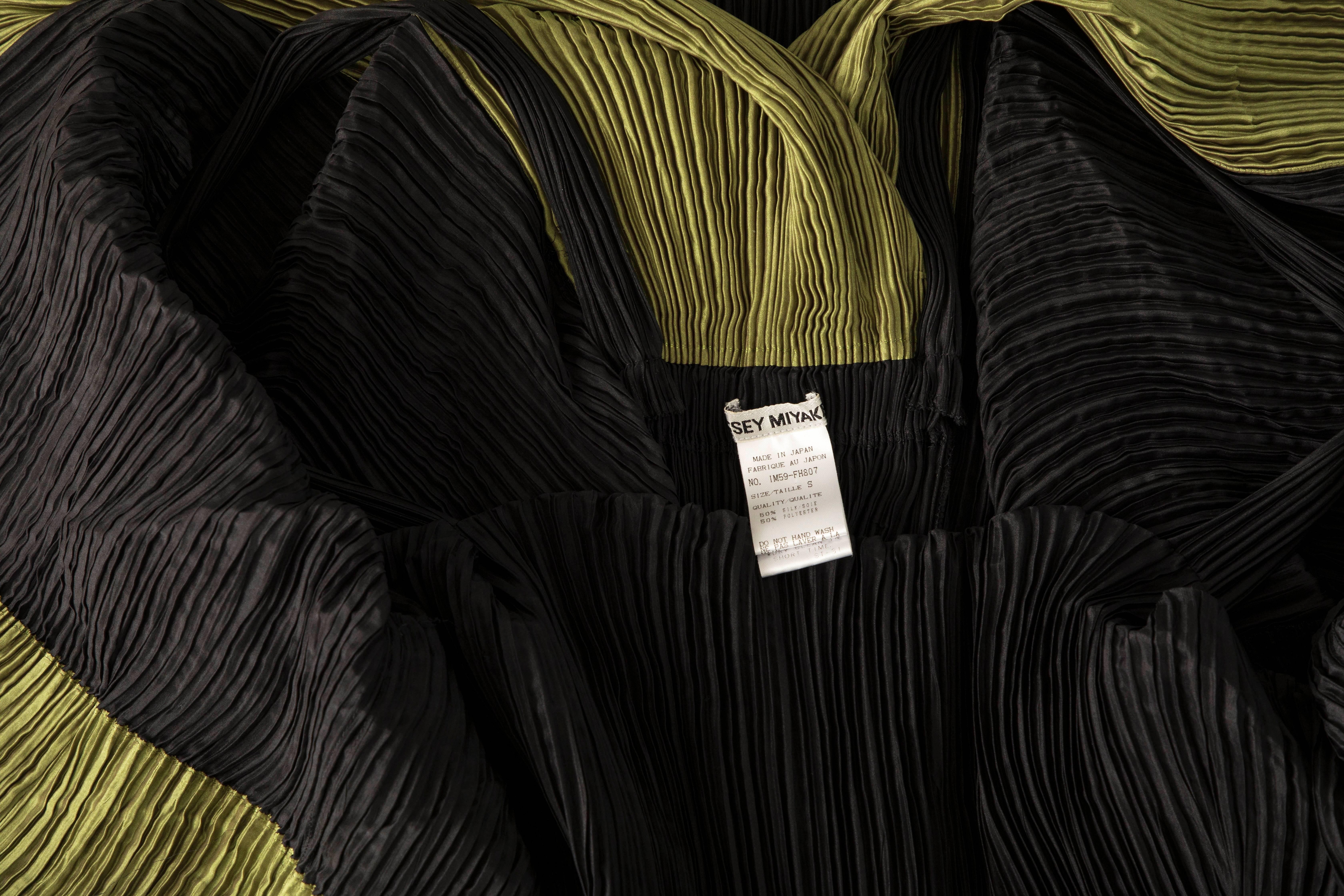 Issey Miyake Black Pleated Dress With Olive Green Panel At Bodice, Circa 1990s 6