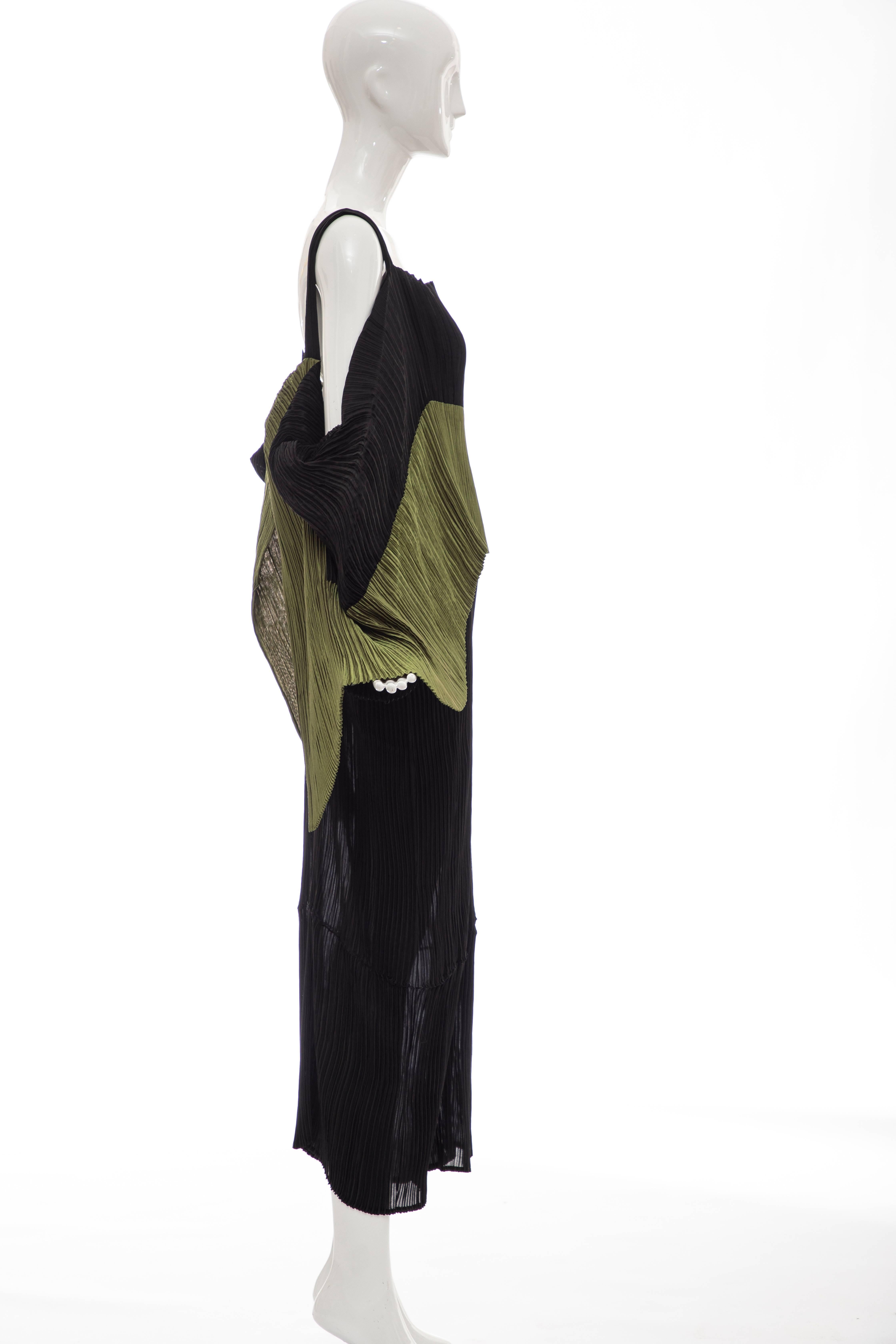 Women's Issey Miyake Black Pleated Dress With Olive Green Panel At Bodice, Circa 1990s