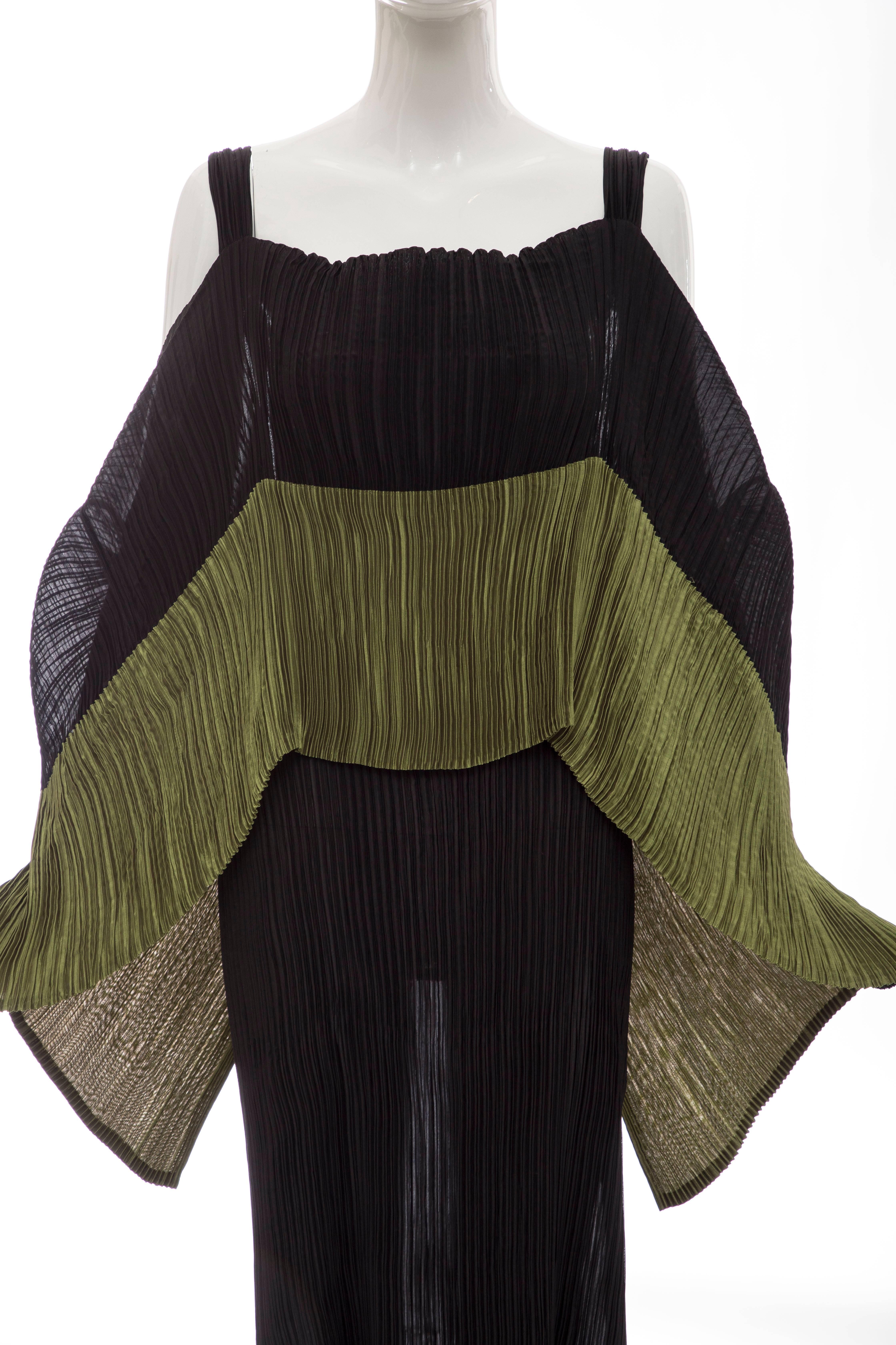 Issey Miyake Black Pleated Dress With Olive Green Panel At Bodice, Circa 1990s 2