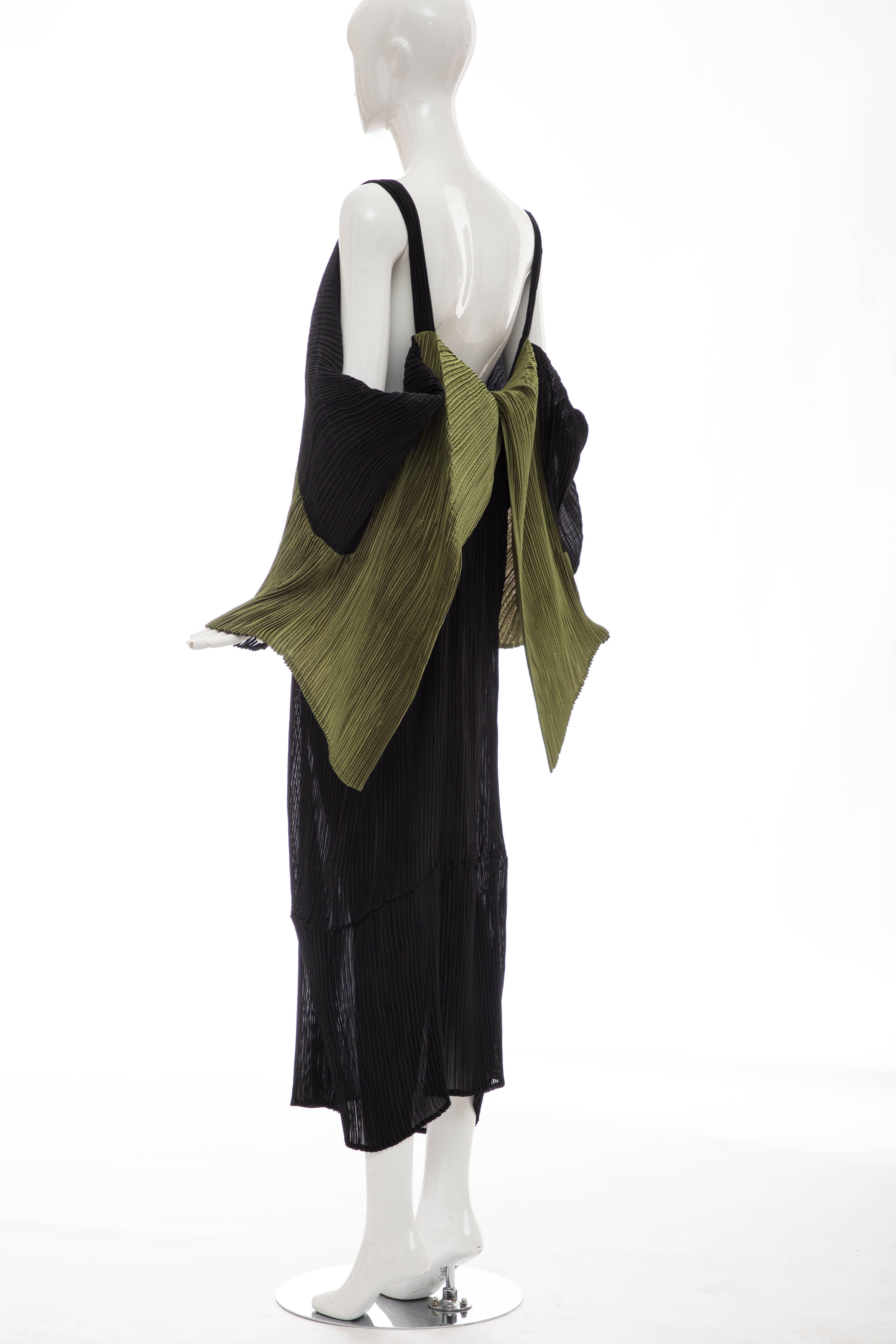 Issey Miyake Black Pleated Dress With Olive Green Panel At Bodice, Circa 1990s 3