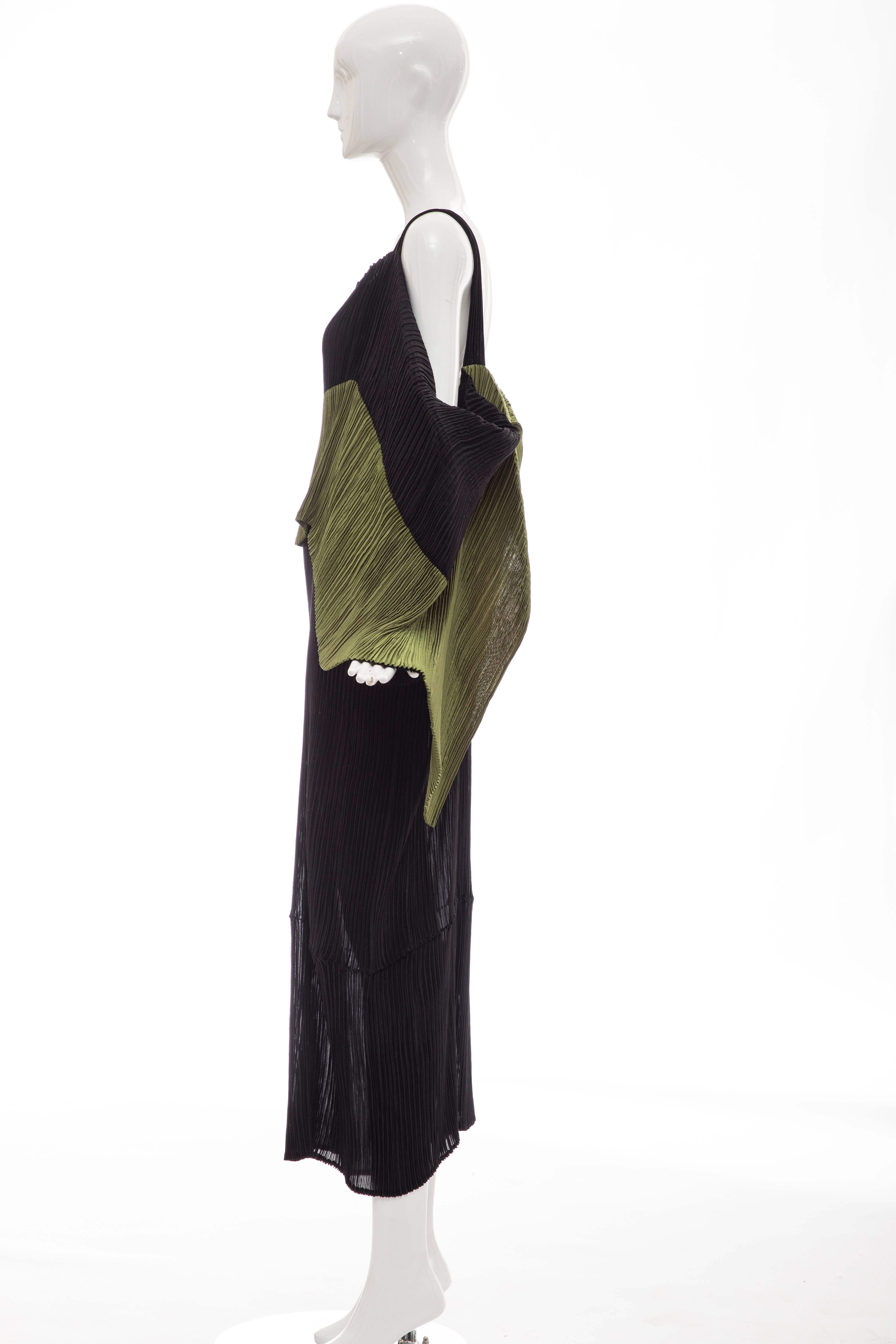 Issey Miyake Black Pleated Dress With Olive Green Panel At Bodice, Circa 1990s 4