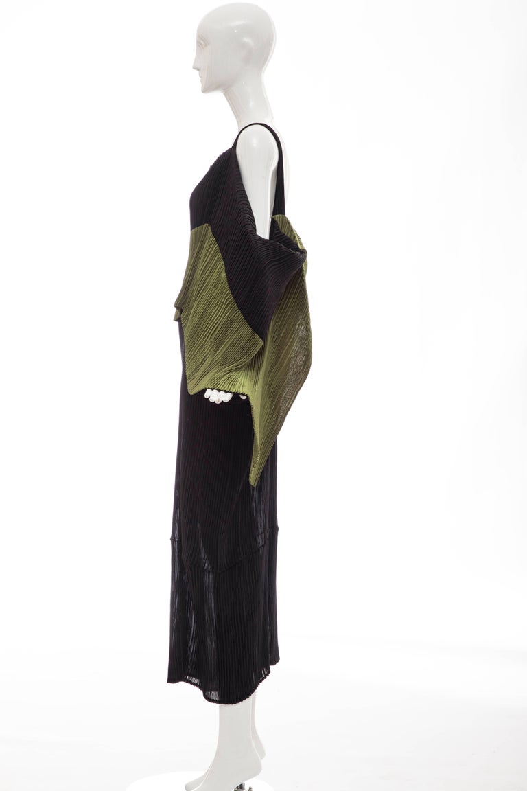 Issey Miyake Black Pleated Dress With Olive Green Panel At Bodice ...