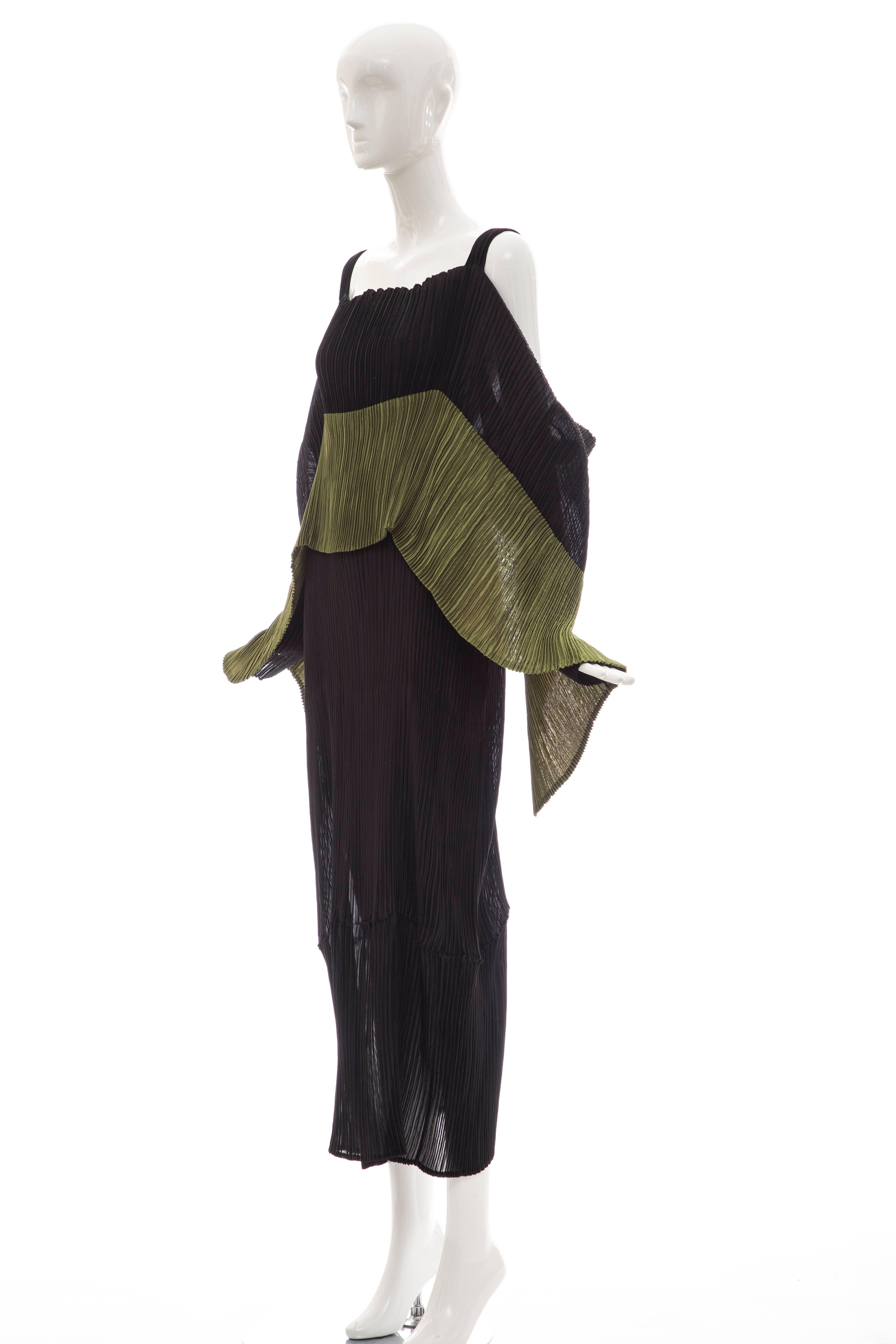 Issey Miyake Black Pleated Dress With Olive Green Panel At Bodice, Circa 1990s 5
