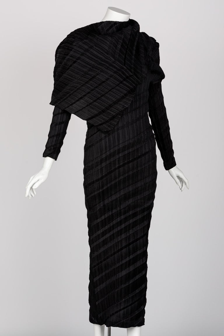 Issey Miyake Black Pleated Sculptural Dress, 1990s at 1stDibs
