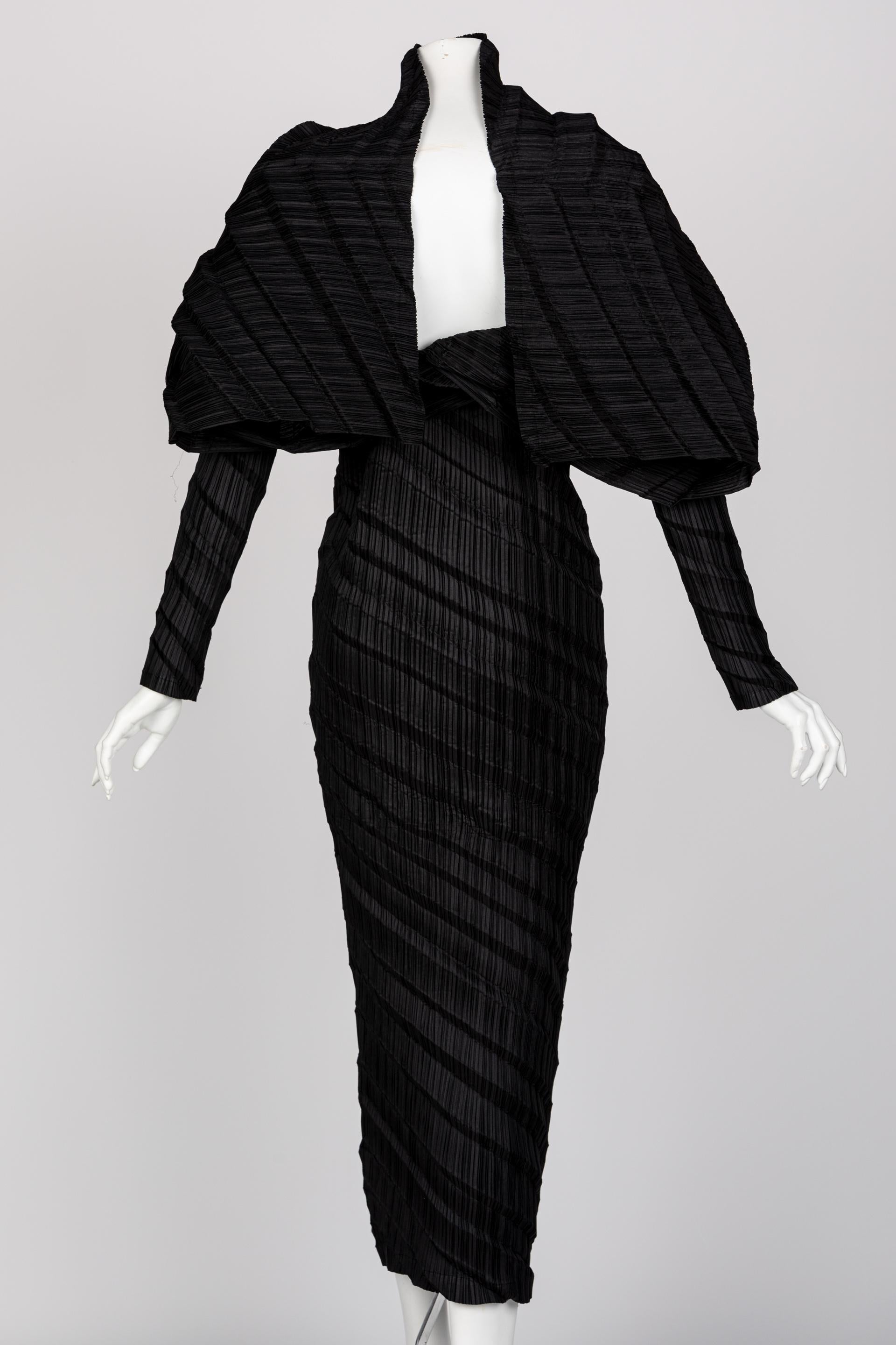 Issey Miyake Black Pleated Sculptural Dress, 1990s 1