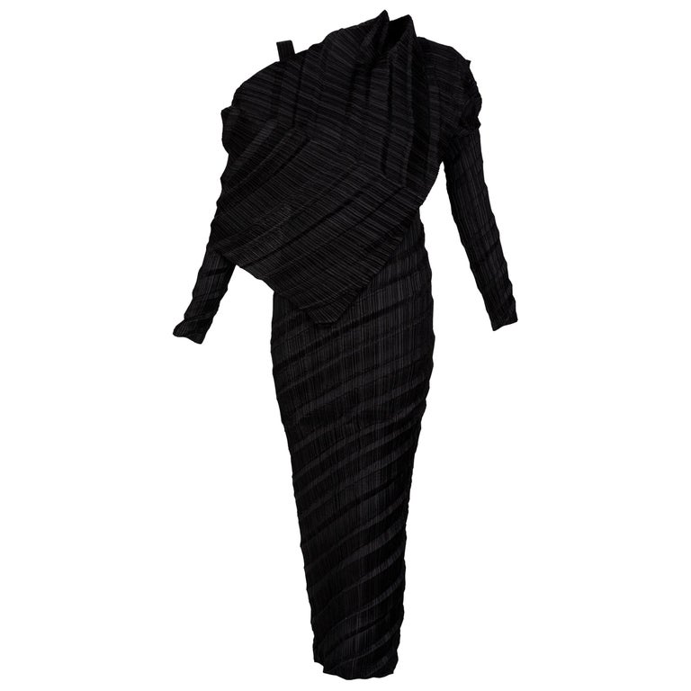 Issey Miyake Black Pleated Sculptural Dress, 1990s at 1stDibs