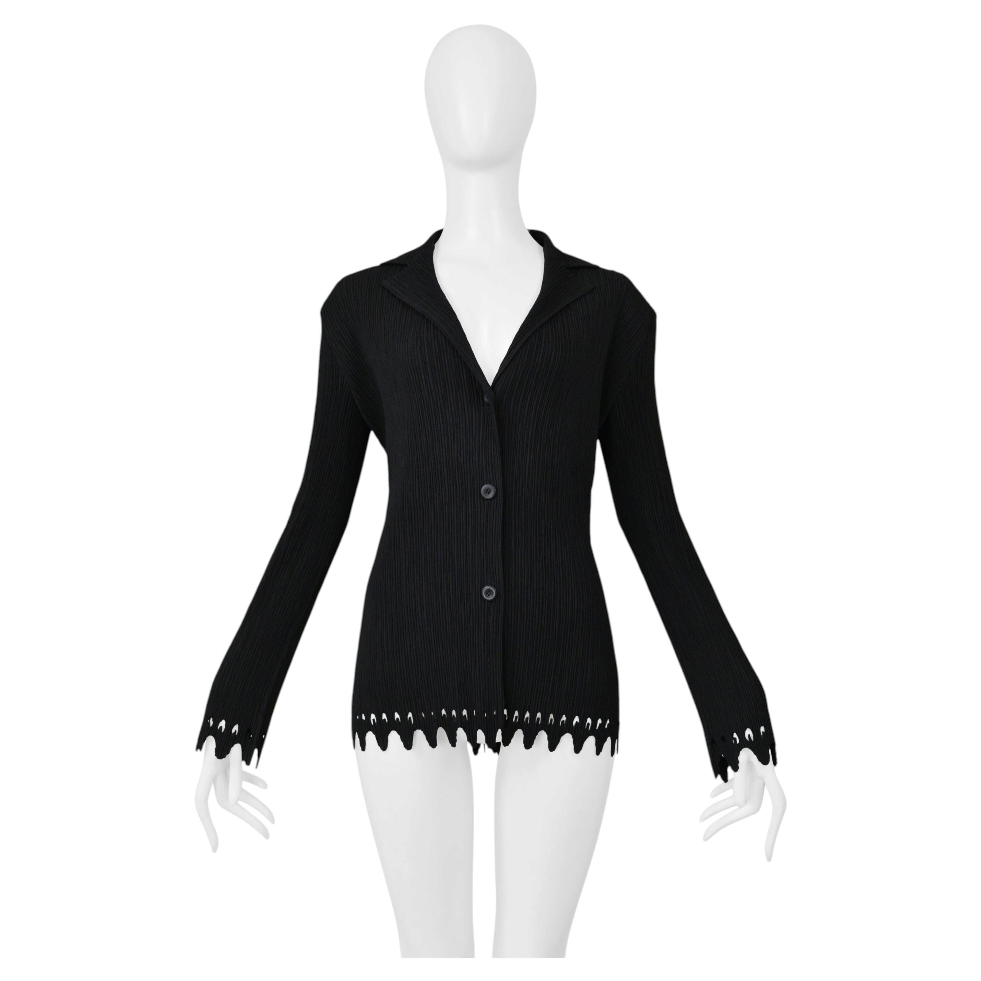 Issey Miyake Black Pleated Three Button Jacket With Laser Cut Hem & Cuffs
