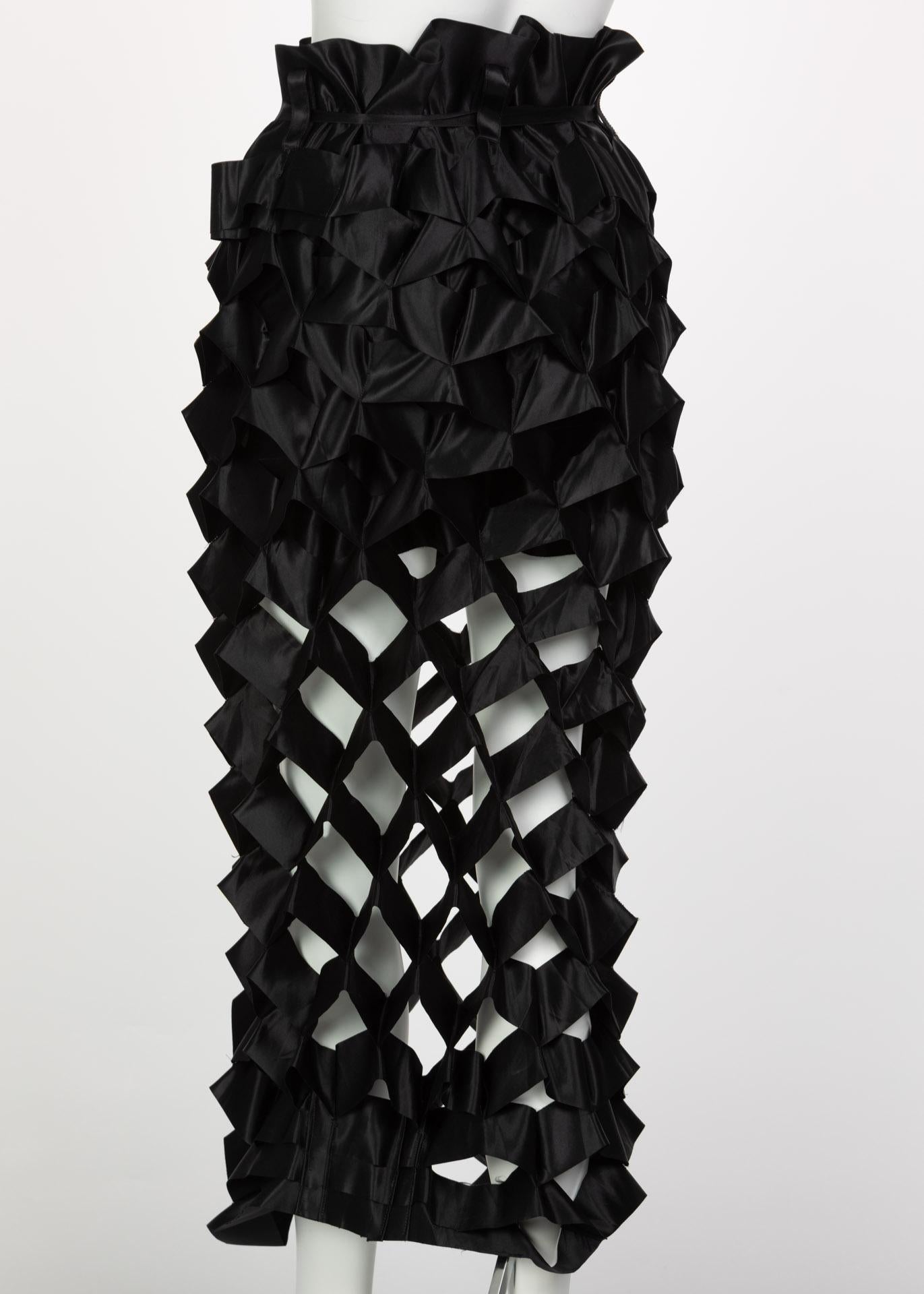 Issey Miyake Black Satin Ribbon Cage Maxi Skirt, 1990s In Excellent Condition For Sale In Boca Raton, FL