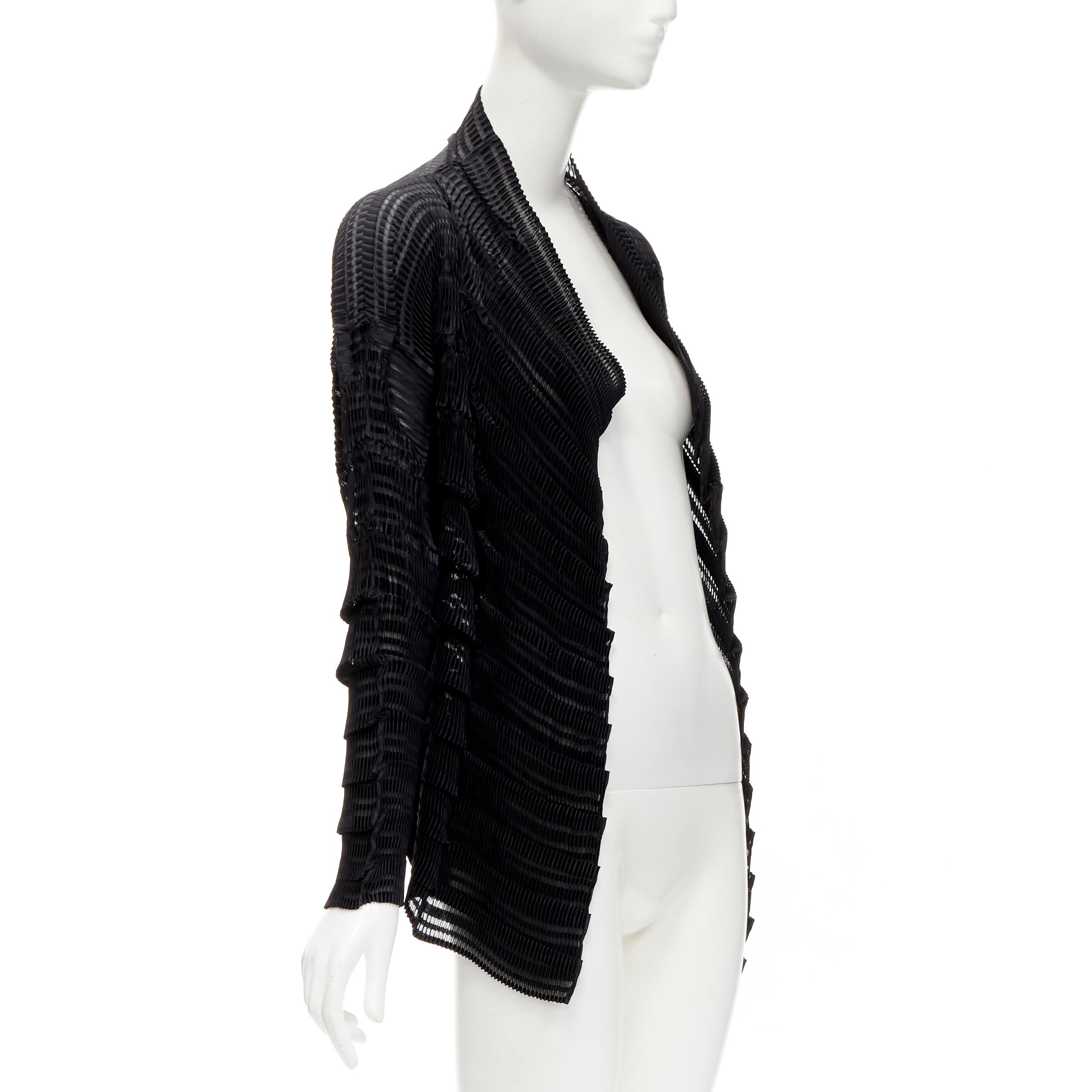 ISSEY MIYAKE black sheer classic tiered pleated textured cardigan JP2 M In Excellent Condition In Hong Kong, NT
