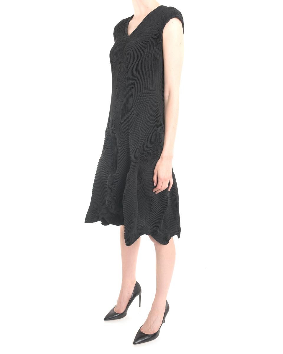Issey Miyake Black Sleeveless Avant Garde Dress.  Sleeveless pullover design with V-neckline, fitted bodice, and dimensional pleated skirt.  Marked size Japan 2 (USA M). The garment is very stretchy and flexible but designed for about USA 6/8.  Back