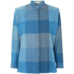 Issey Miyake Blue Cotton Check Shirt Top Issey Miyake Blue Cotton Check Shirt Top