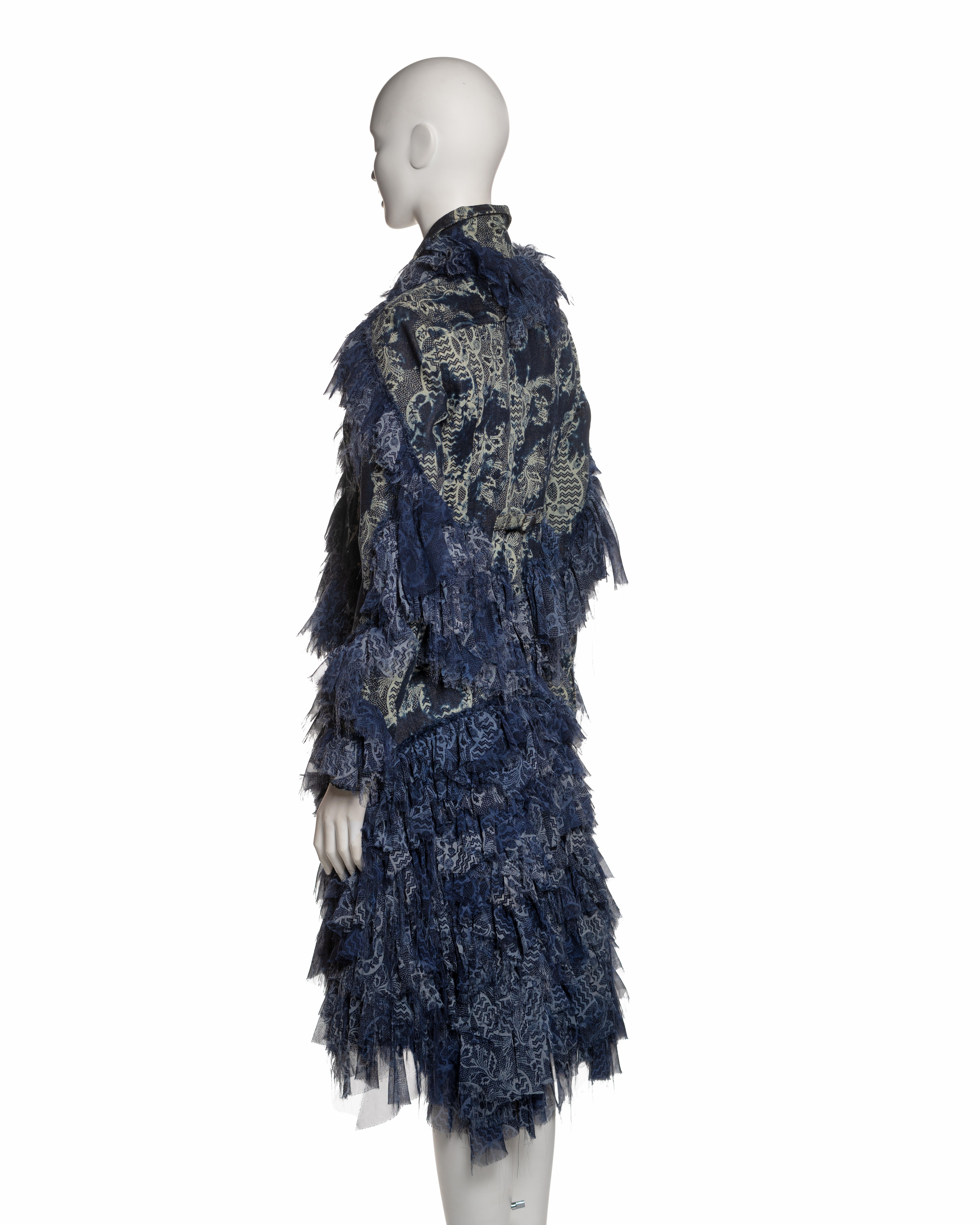 Issey Miyake Blue Denim and Printed Chiffon Ruffled Jacket and Skirt, FW 2003 For Sale 5