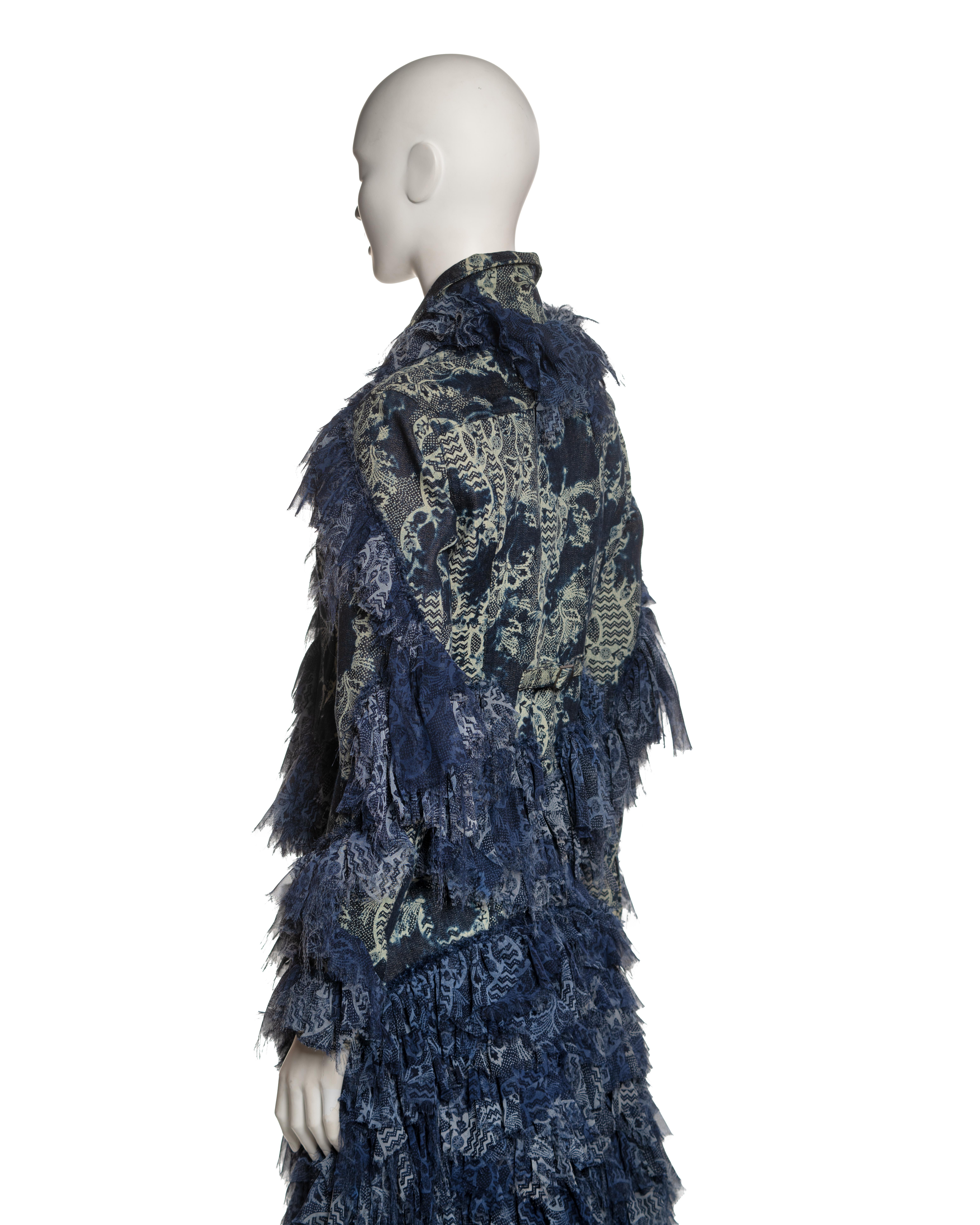Issey Miyake Blue Denim and Printed Chiffon Ruffled Jacket and Skirt, FW 2003 For Sale 6