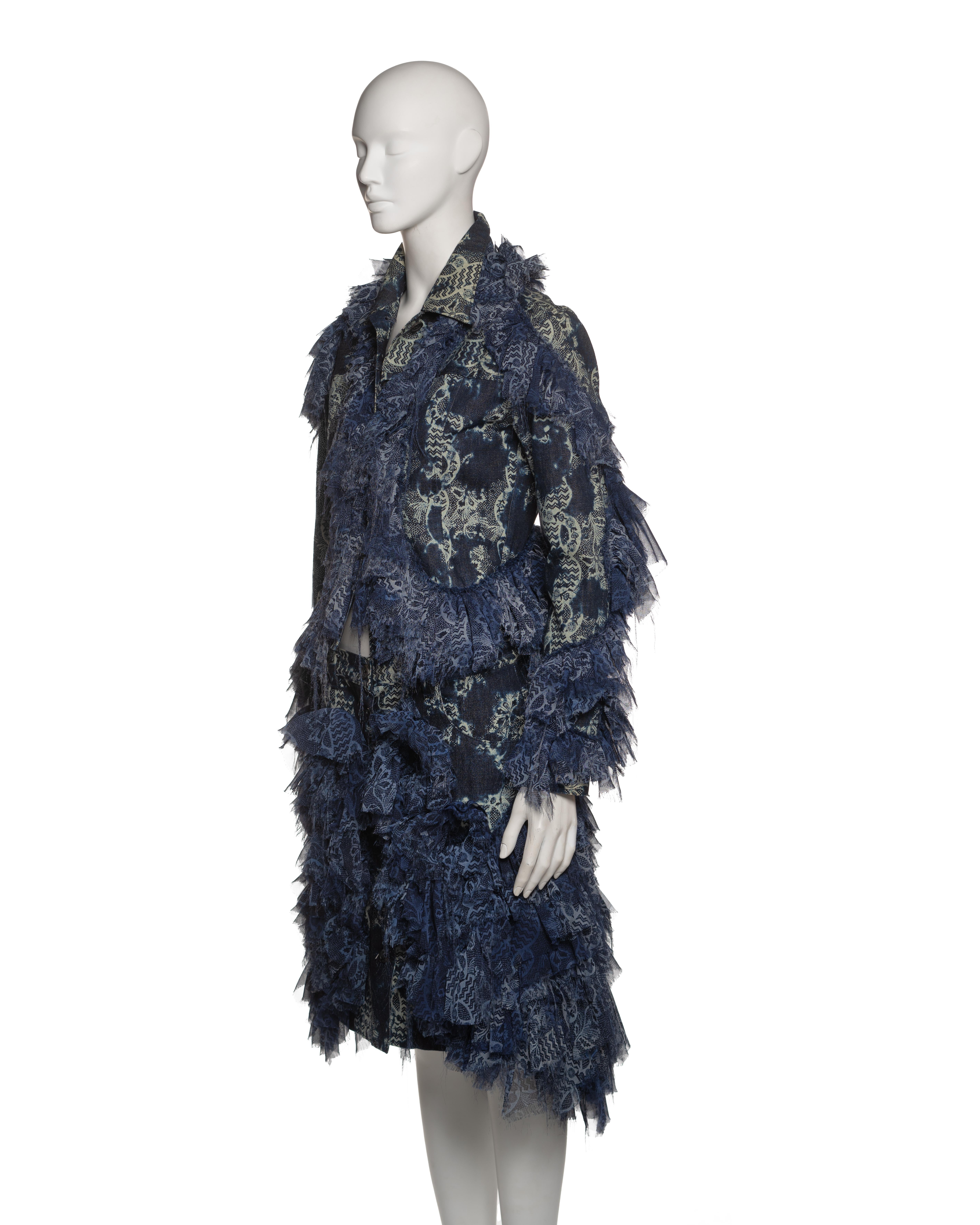 Issey Miyake Blue Denim and Printed Chiffon Ruffled Jacket and Skirt, FW 2003 For Sale 7