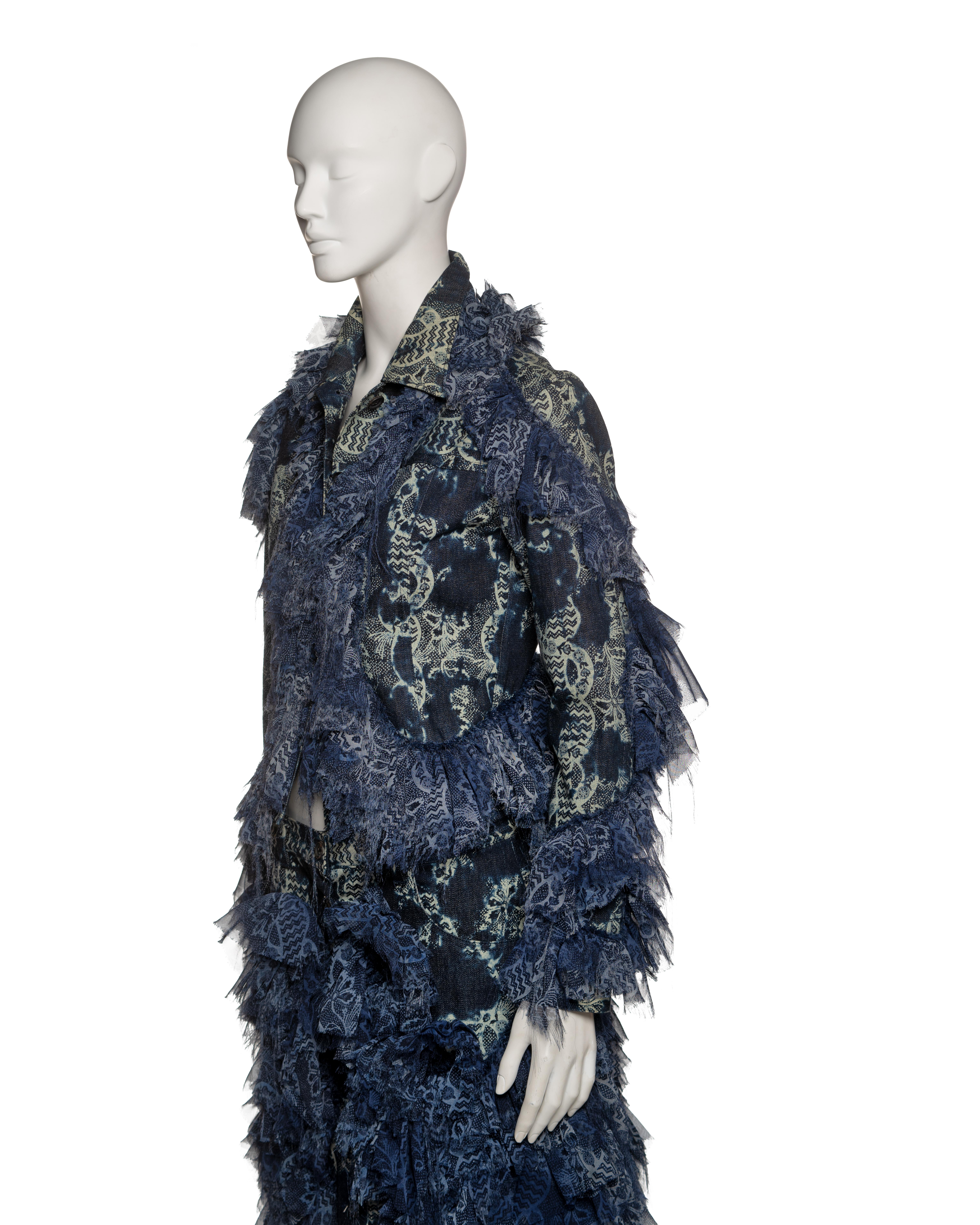 Issey Miyake Blue Denim and Printed Chiffon Ruffled Jacket and Skirt, FW 2003 For Sale 8
