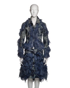 Issey Miyake Blue Denim and Printed Chiffon Ruffled Jacket and Skirt, FW 2003