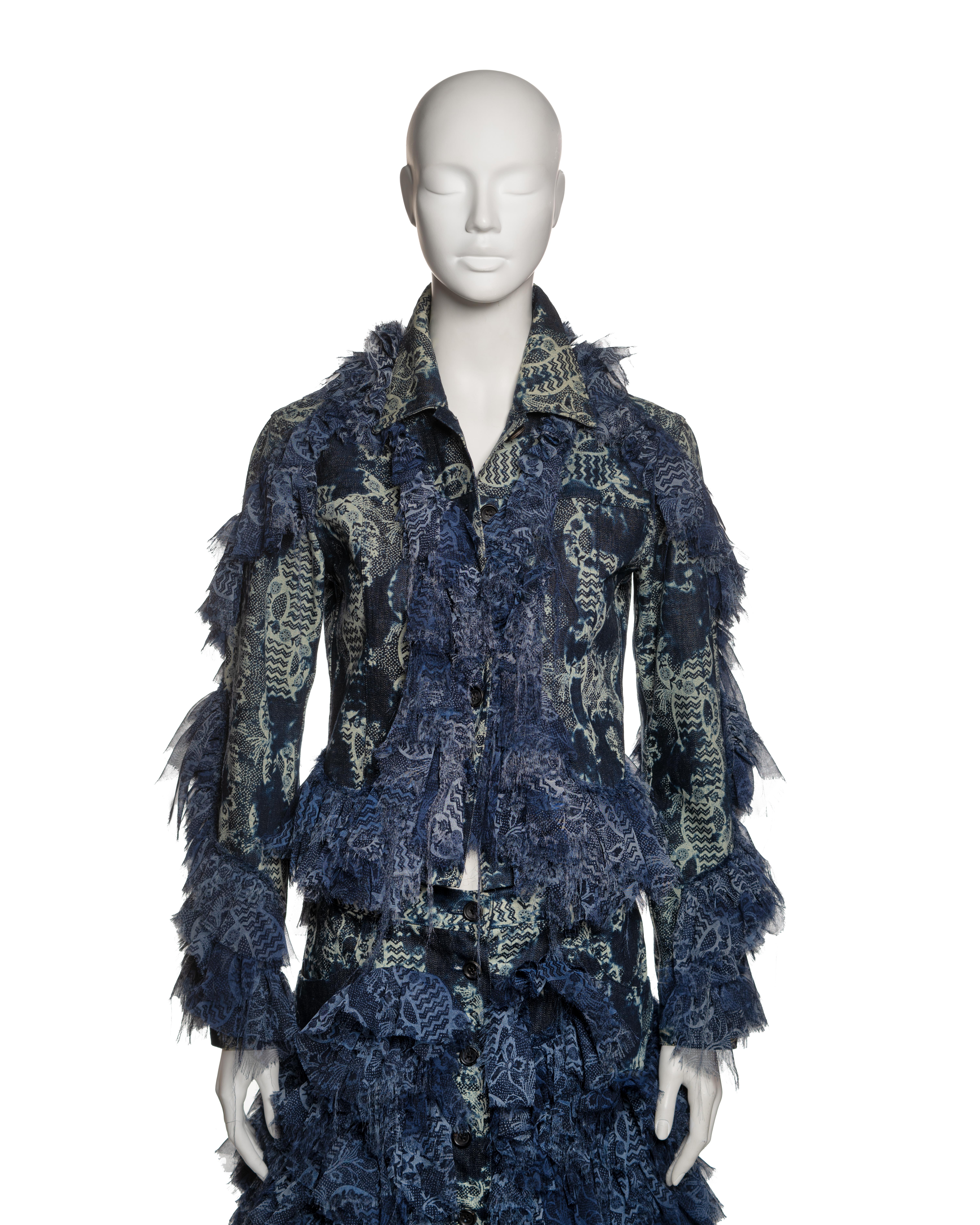 Issey Miyake Blue Denim and Printed Chiffon Ruffled Jacket and Skirt, FW 2003 In Excellent Condition For Sale In London, GB