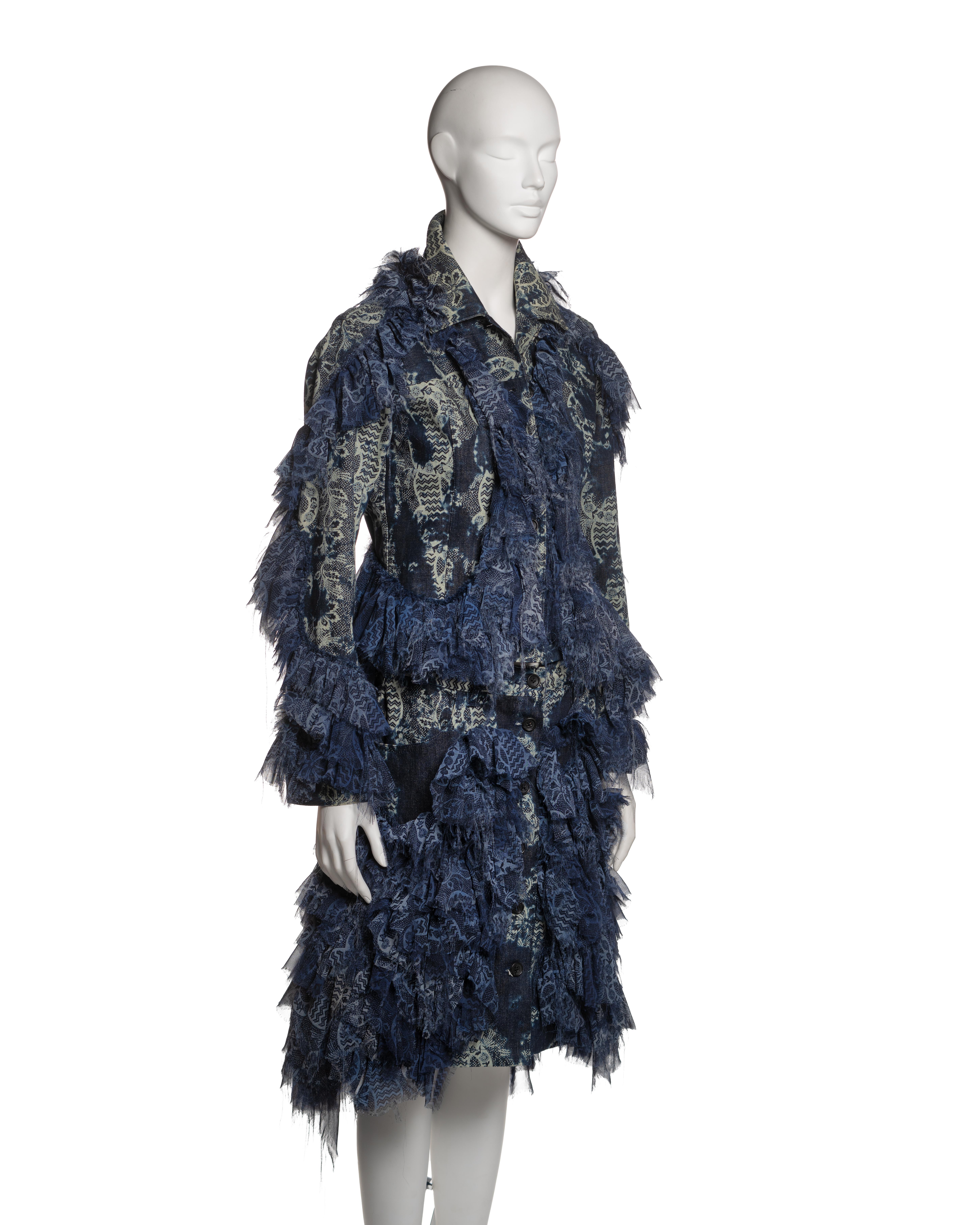 Women's Issey Miyake Blue Denim and Printed Chiffon Ruffled Jacket and Skirt, FW 2003 For Sale