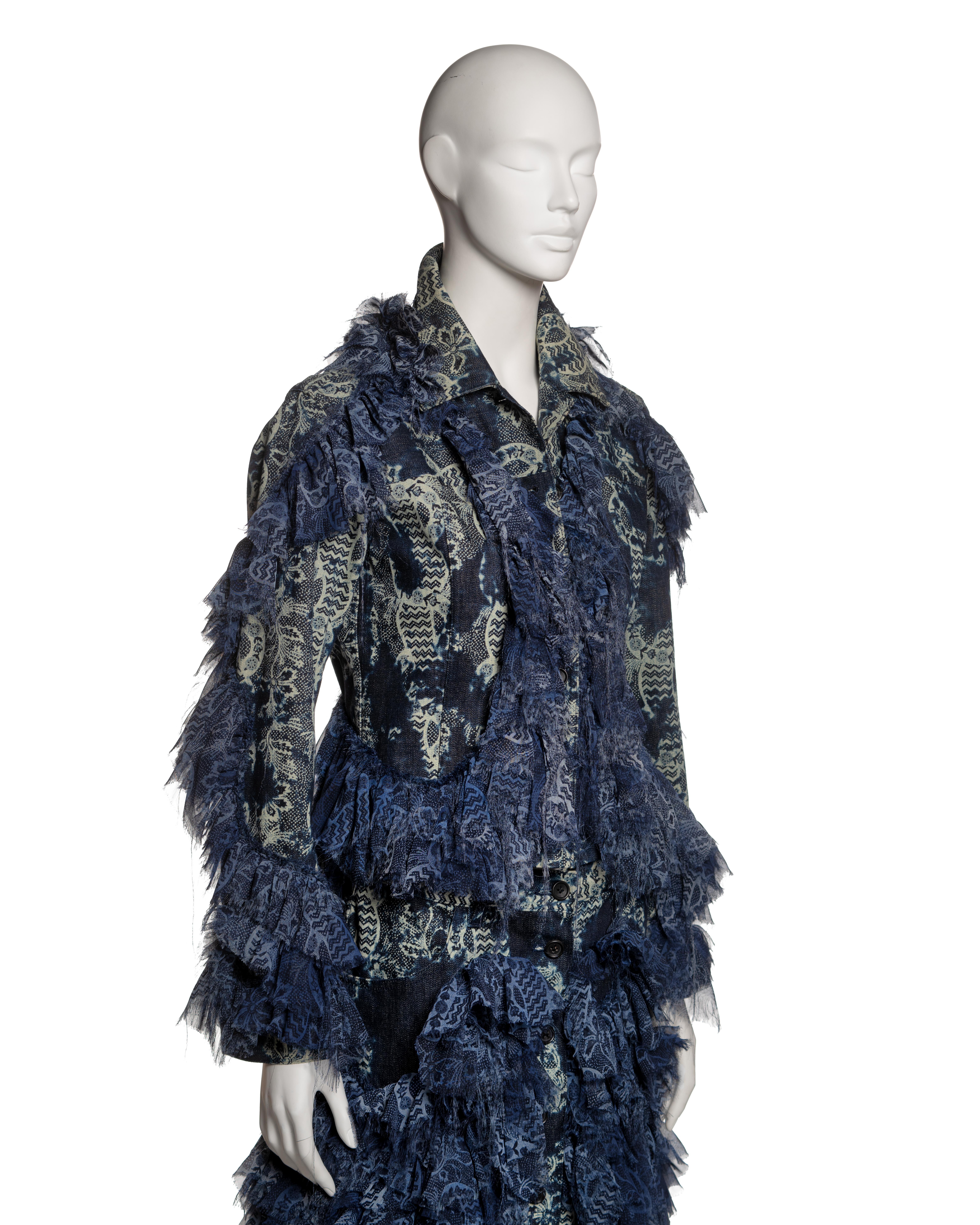 Issey Miyake Blue Denim and Printed Chiffon Ruffled Jacket and Skirt, FW 2003 For Sale 1