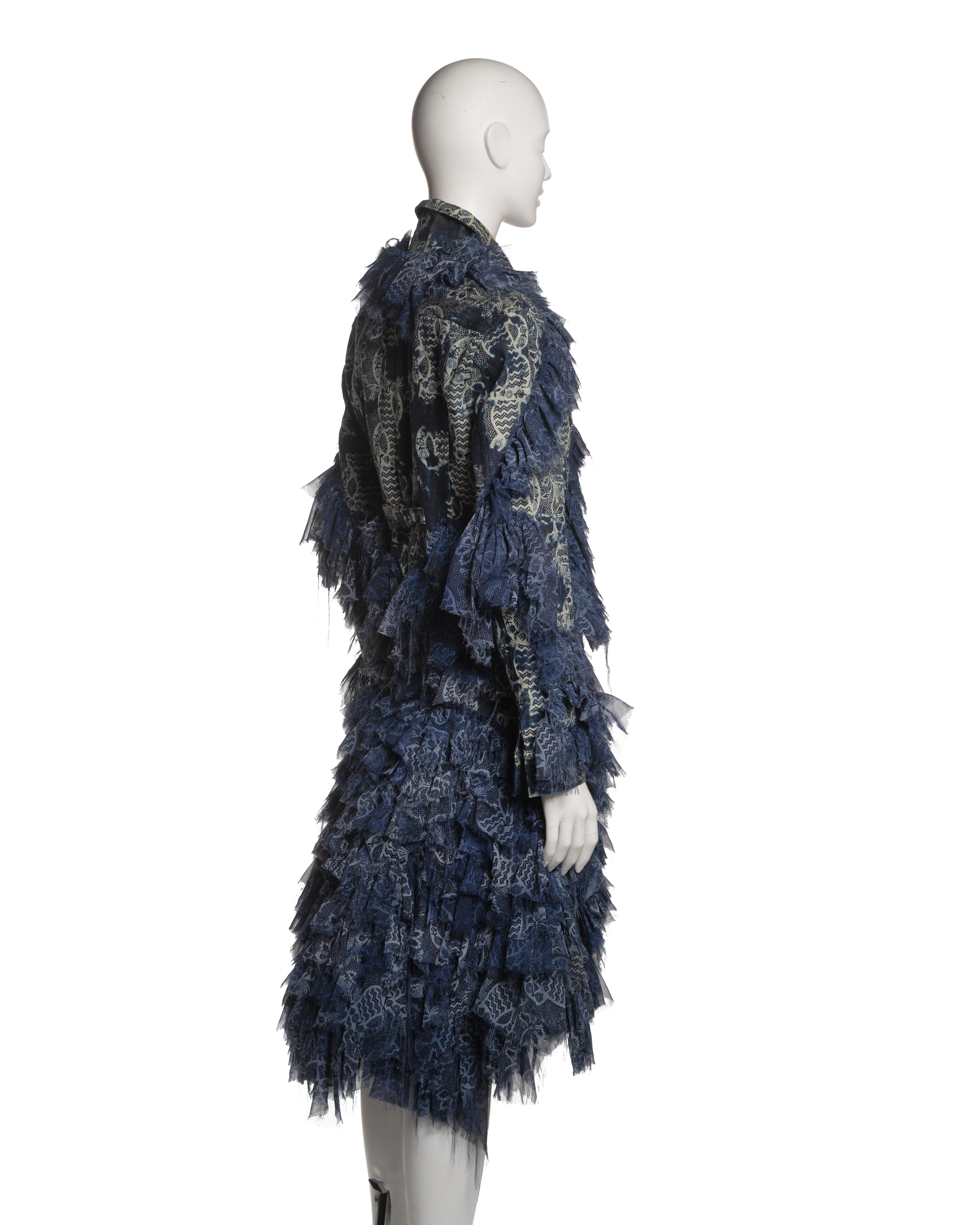 Issey Miyake Blue Denim and Printed Chiffon Ruffled Jacket and Skirt, FW 2003 For Sale 2