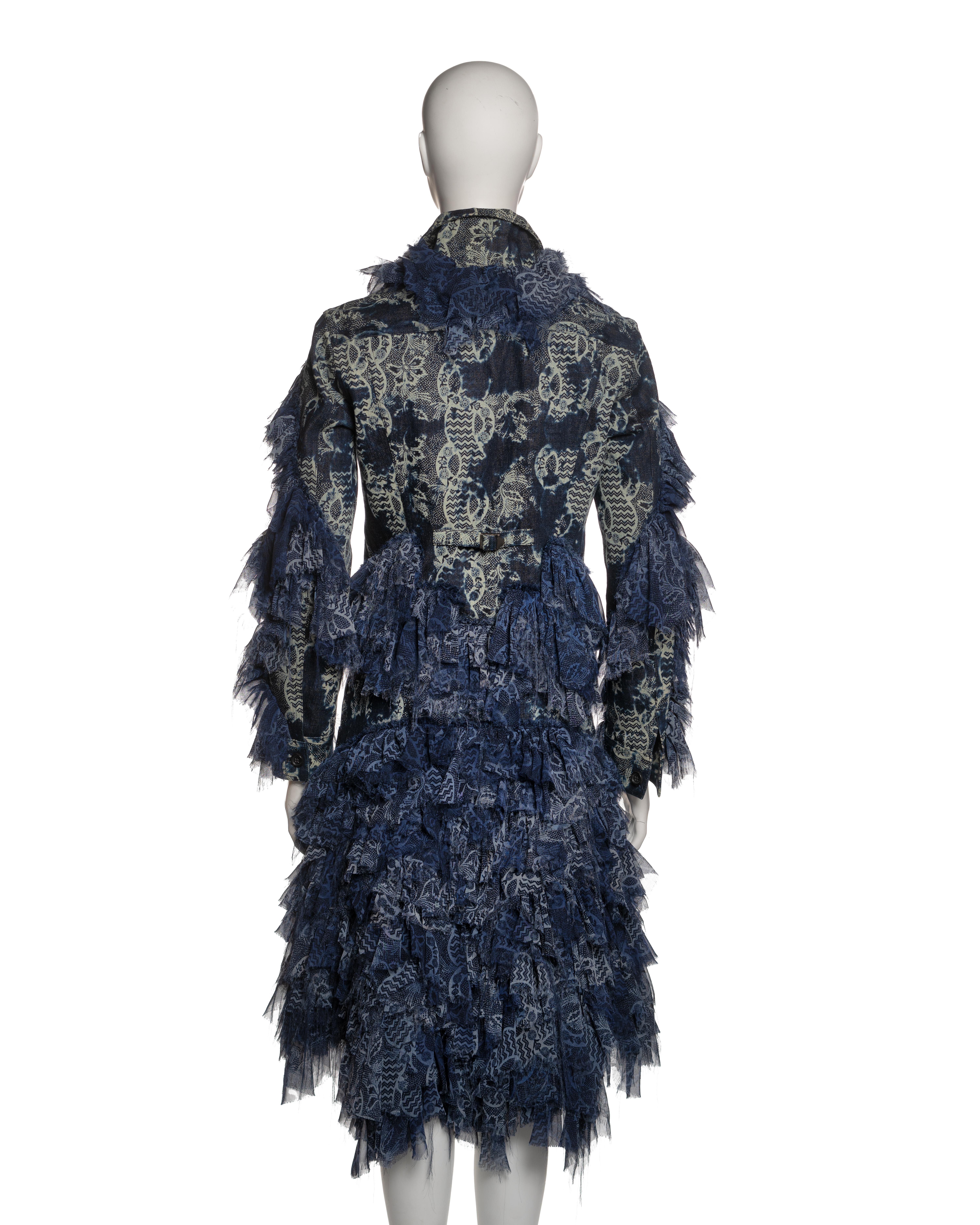 Issey Miyake Blue Denim and Printed Chiffon Ruffled Jacket and Skirt, FW 2003 For Sale 4