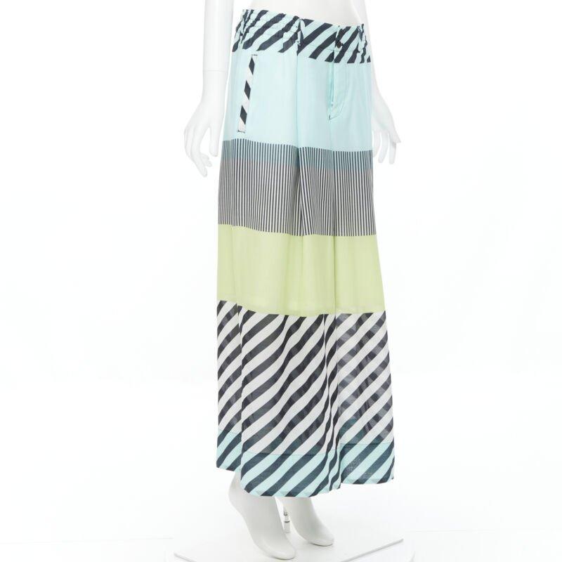 Gray ISSEY MIYAKE blue green stripe colorblocked polyester wide leg summer pants L For Sale