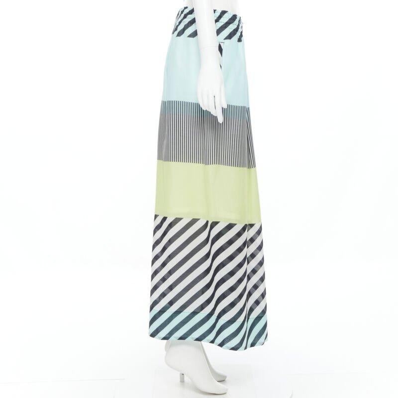 ISSEY MIYAKE blue green stripe colorblocked polyester wide leg summer pants L In Good Condition For Sale In Hong Kong, NT