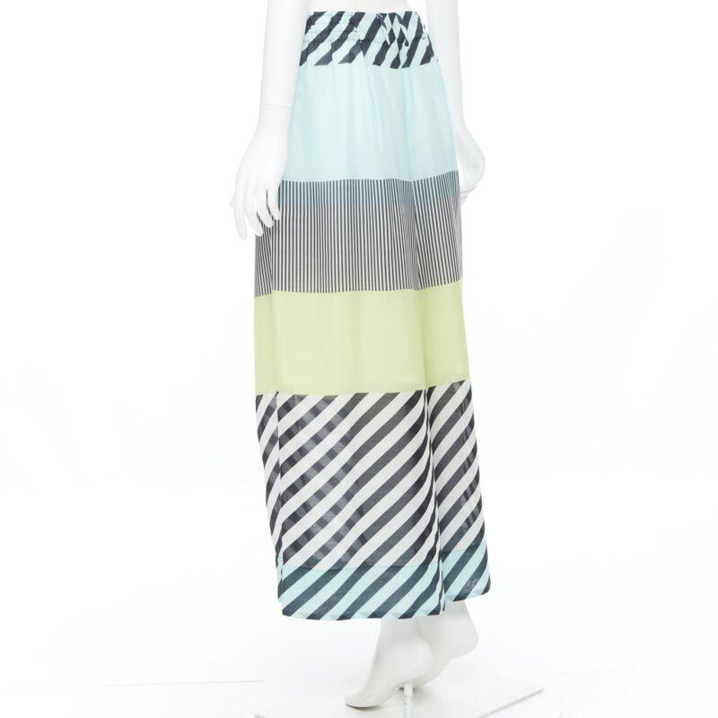 ISSEY MIYAKE blue green stripe colorblocked polyester wide leg summer pants L For Sale 1