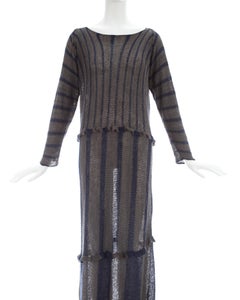 Issey Miyake blue hemp and nylon striped knitted maxi dress, ca. 1984