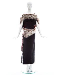 Issey Miyake blue leatherette and faux fur wrap skirt and vest set, fw 2000