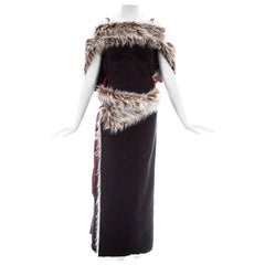 Used Issey Miyake blue leatherette and faux fur wrap skirt and vest set, fw 2000